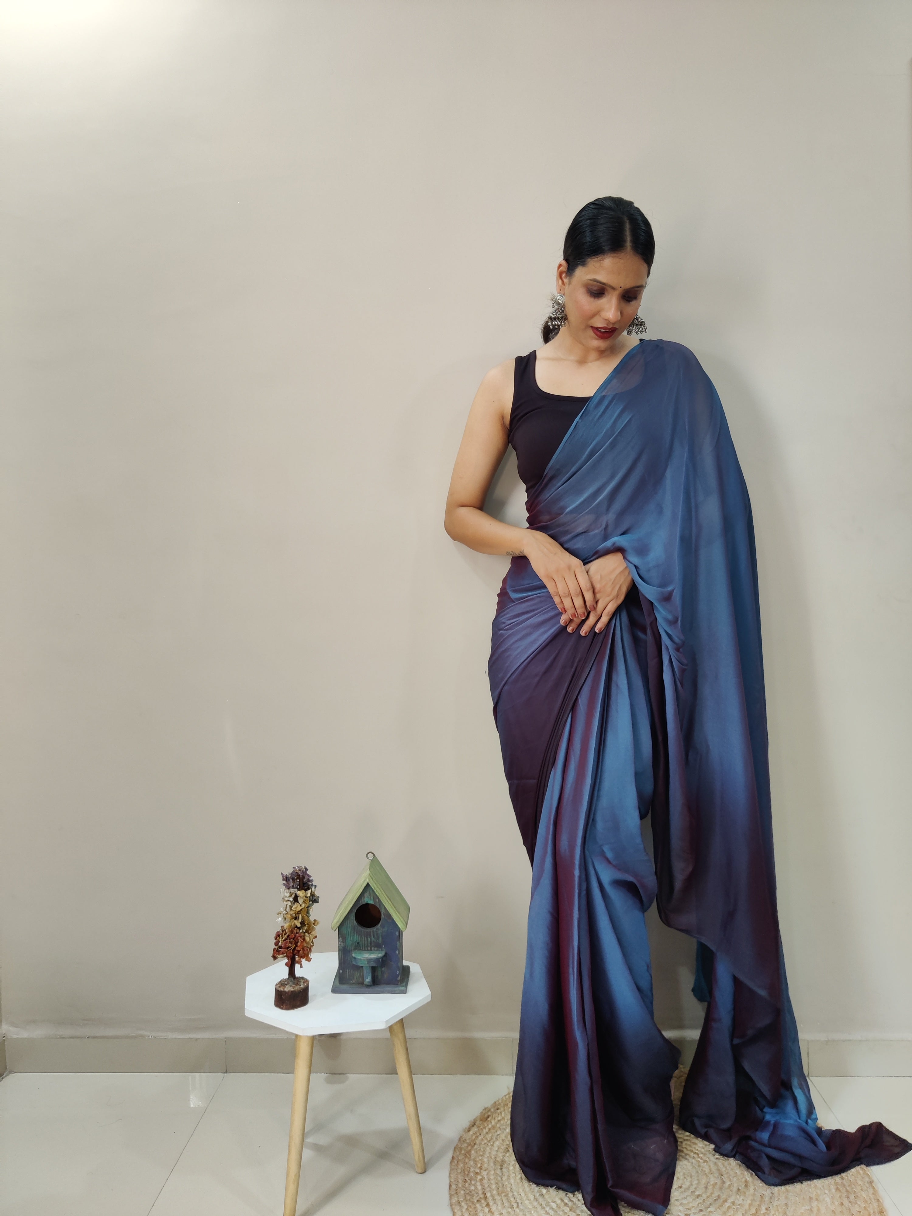 Pending Print One Minute Ready To Wear Dual Navy Blue Shade Saree With Unstiched Blouse