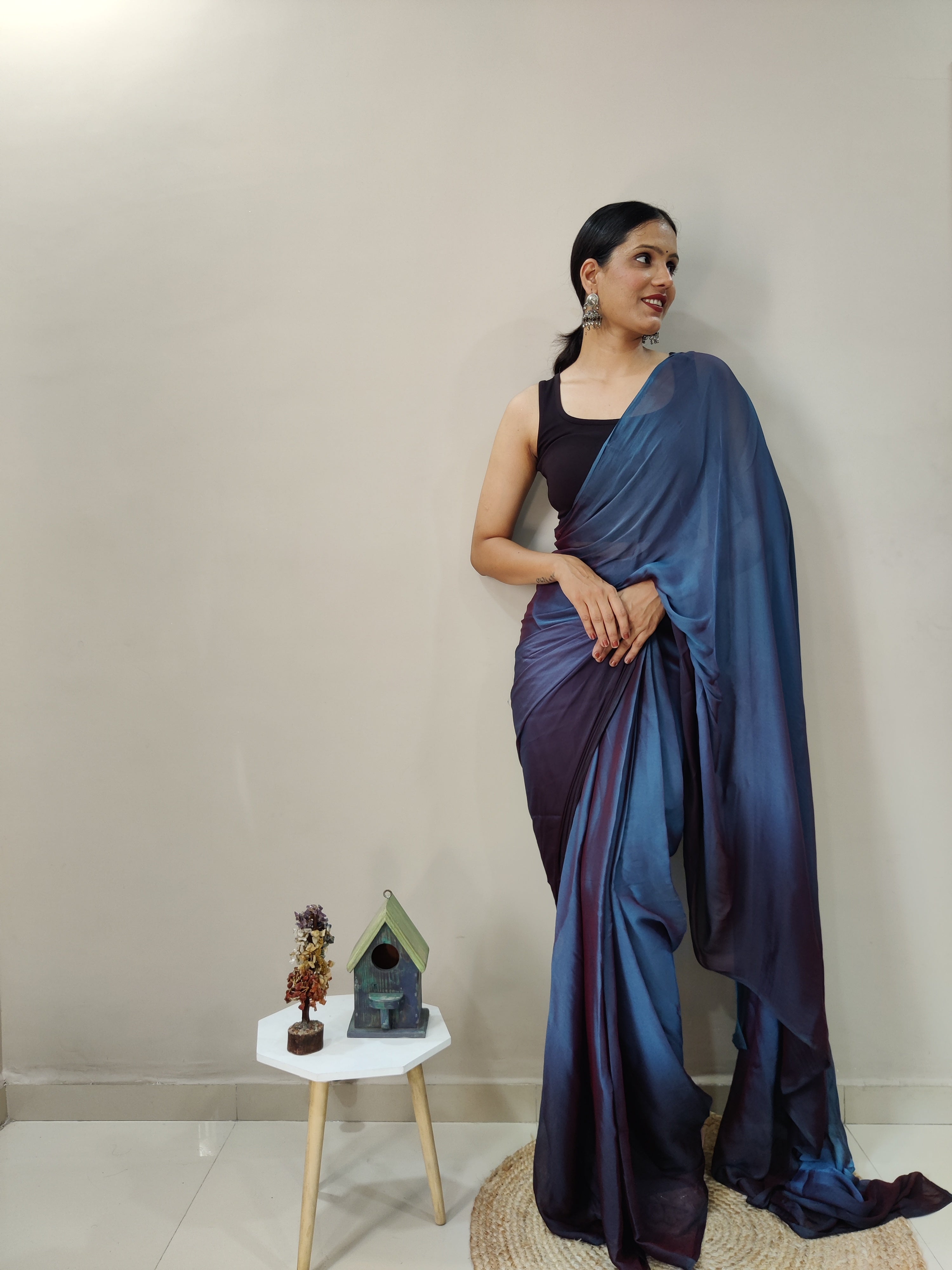 Pending Print One Minute Ready To Wear Dual Navy Blue Shade Saree With Unstiched Blouse