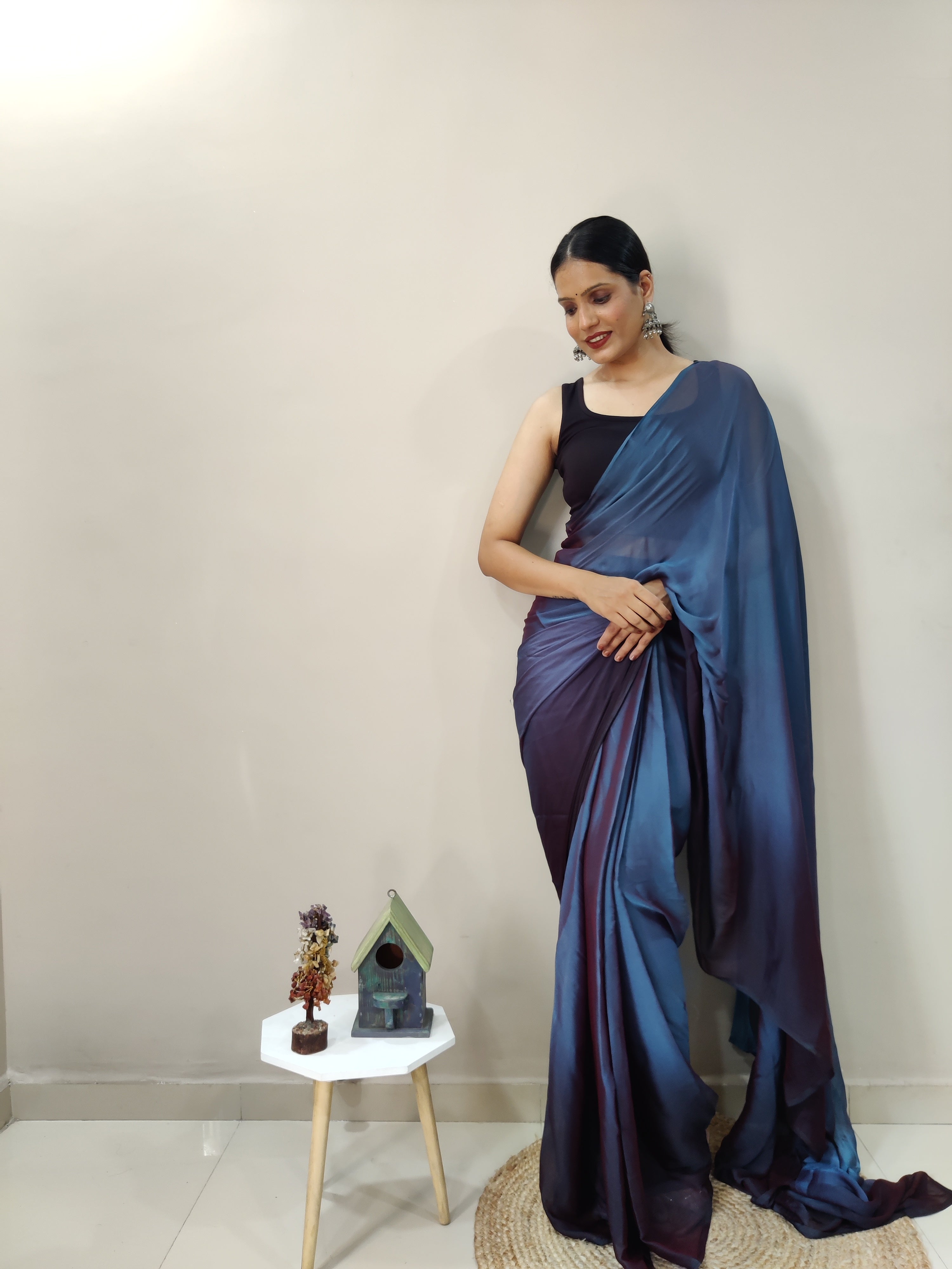 Pending Print One Minute Ready To Wear Dual Navy Blue Shade Saree With Unstiched Blouse