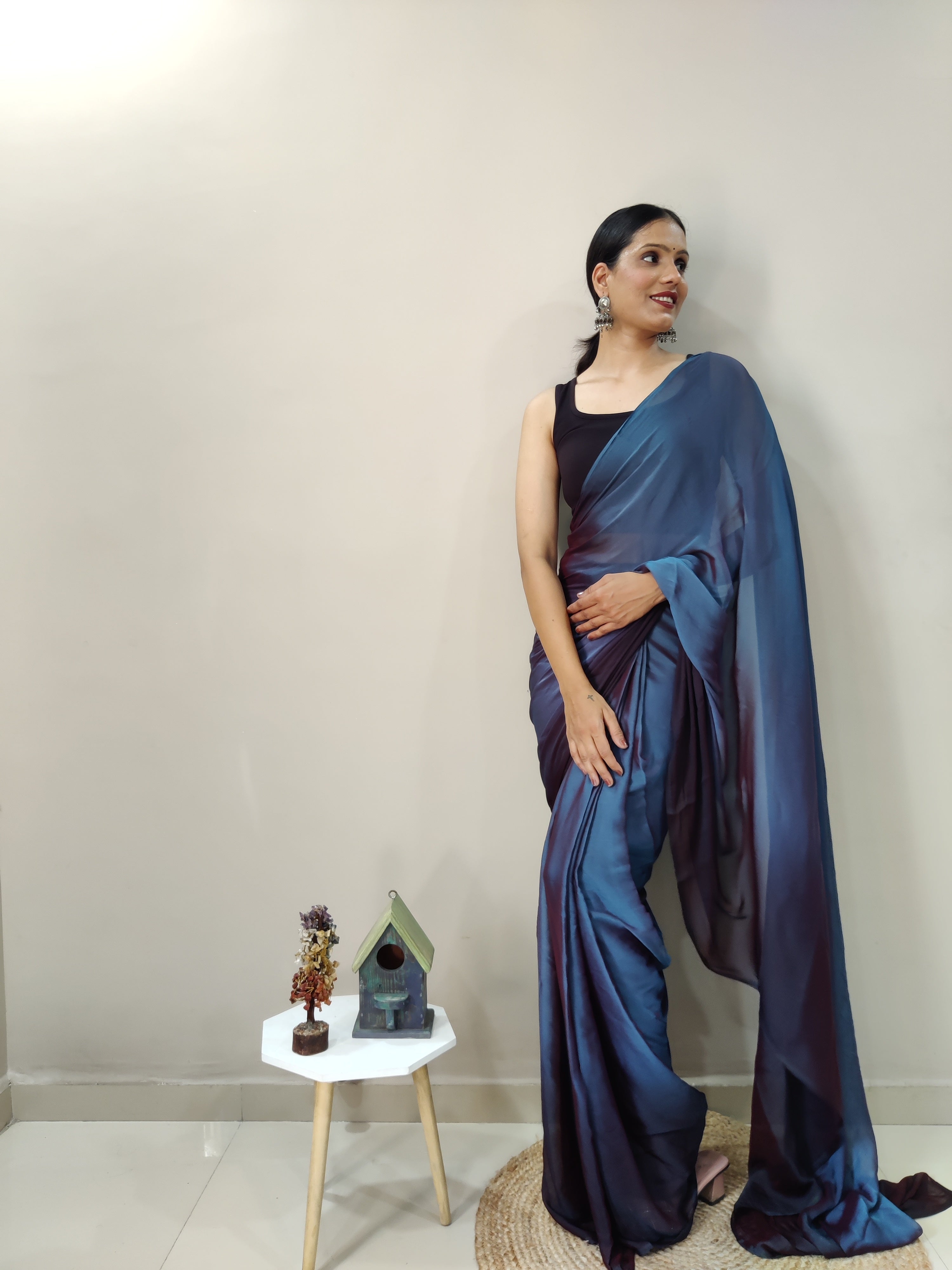 Pending Print One Minute Ready To Wear Dual Navy Blue Shade Saree With Unstiched Blouse