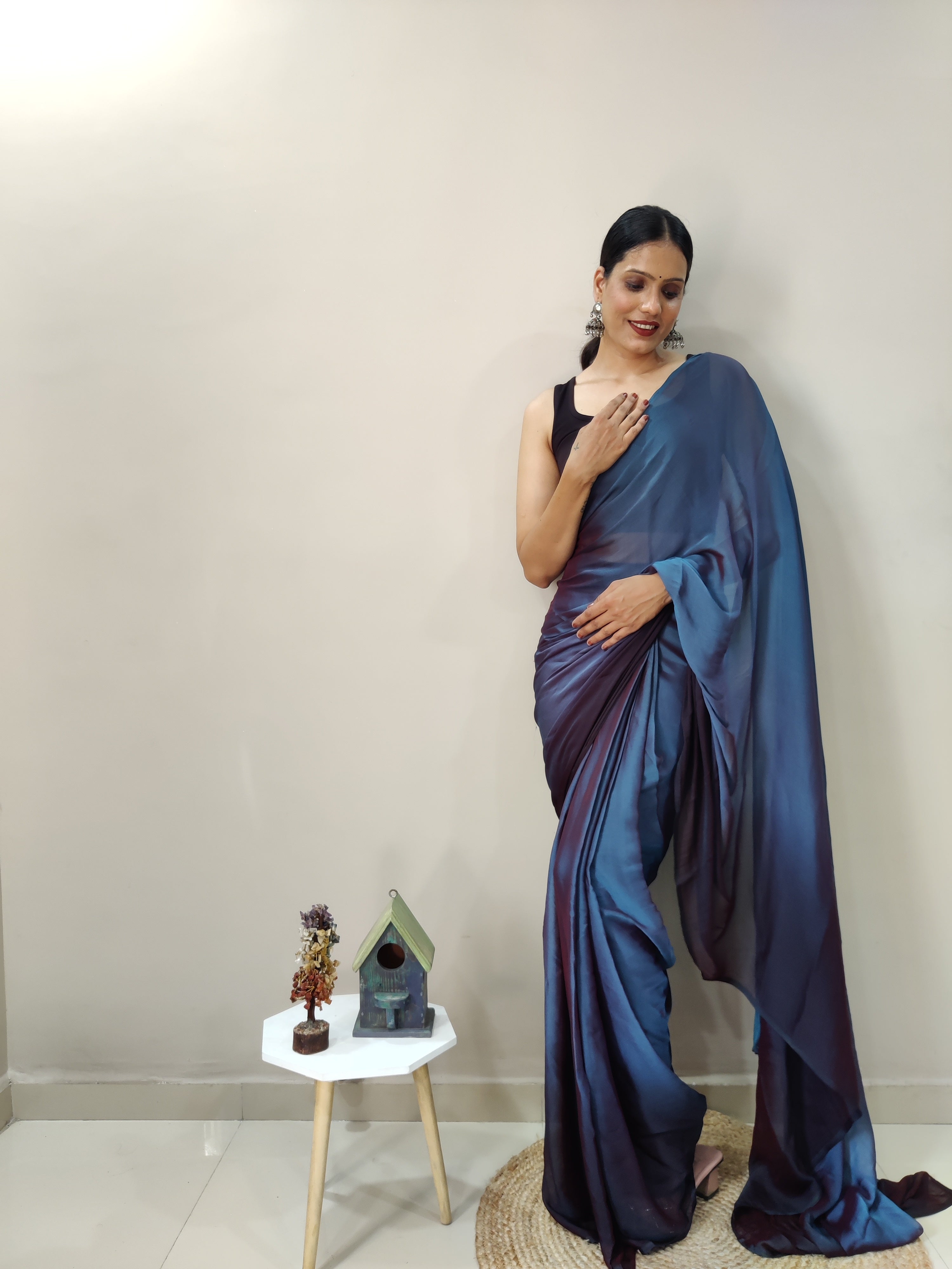 Pending Print One Minute Ready To Wear Dual Navy Blue Shade Saree With Unstiched Blouse