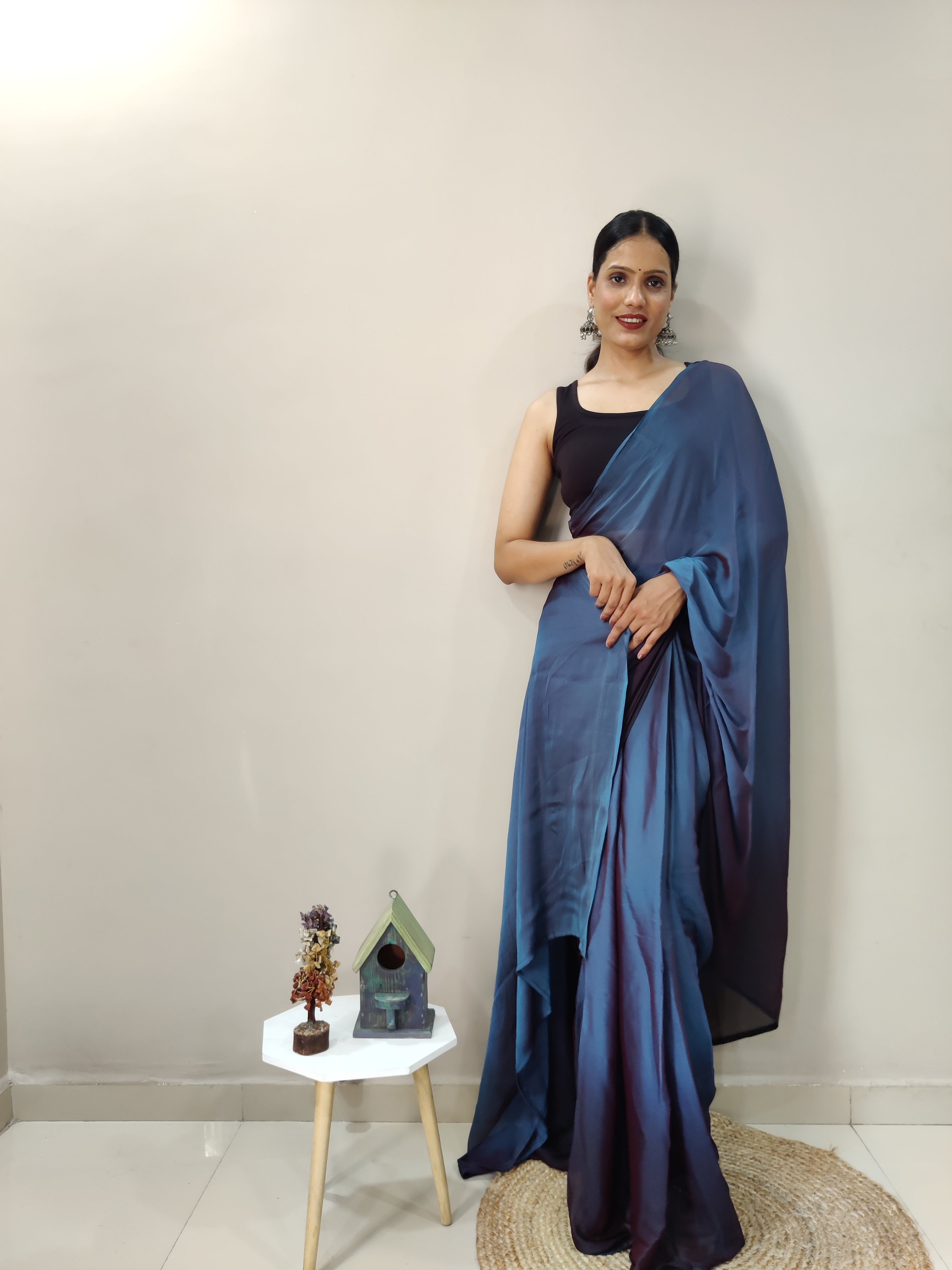 Pending Print One Minute Ready To Wear Dual Navy Blue Shade Saree With Unstiched Blouse