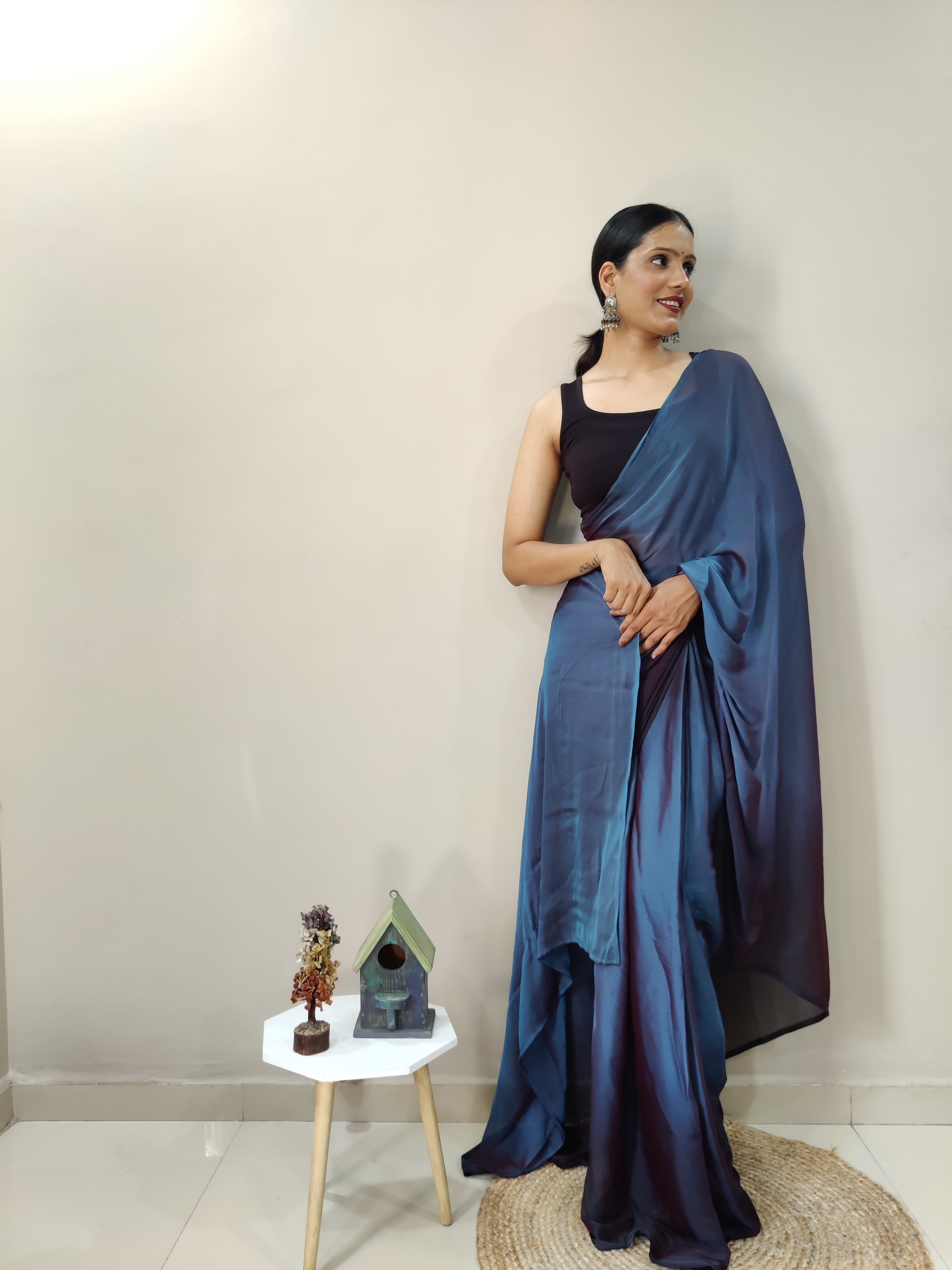 Pending Print One Minute Ready To Wear Dual Navy Blue Shade Saree With Unstiched Blouse