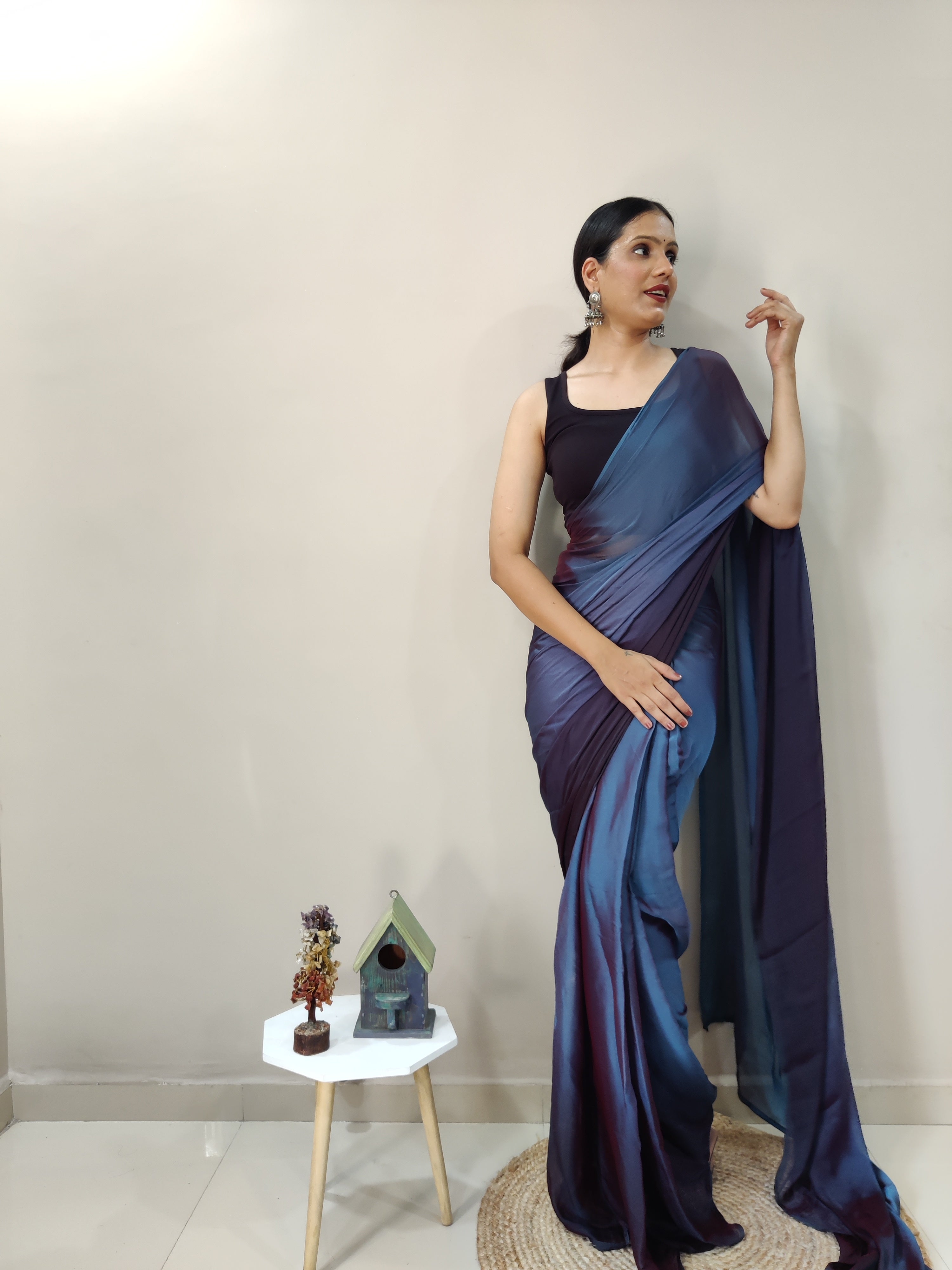 Pending Print One Minute Ready To Wear Dual Navy Blue Shade Saree With Unstiched Blouse