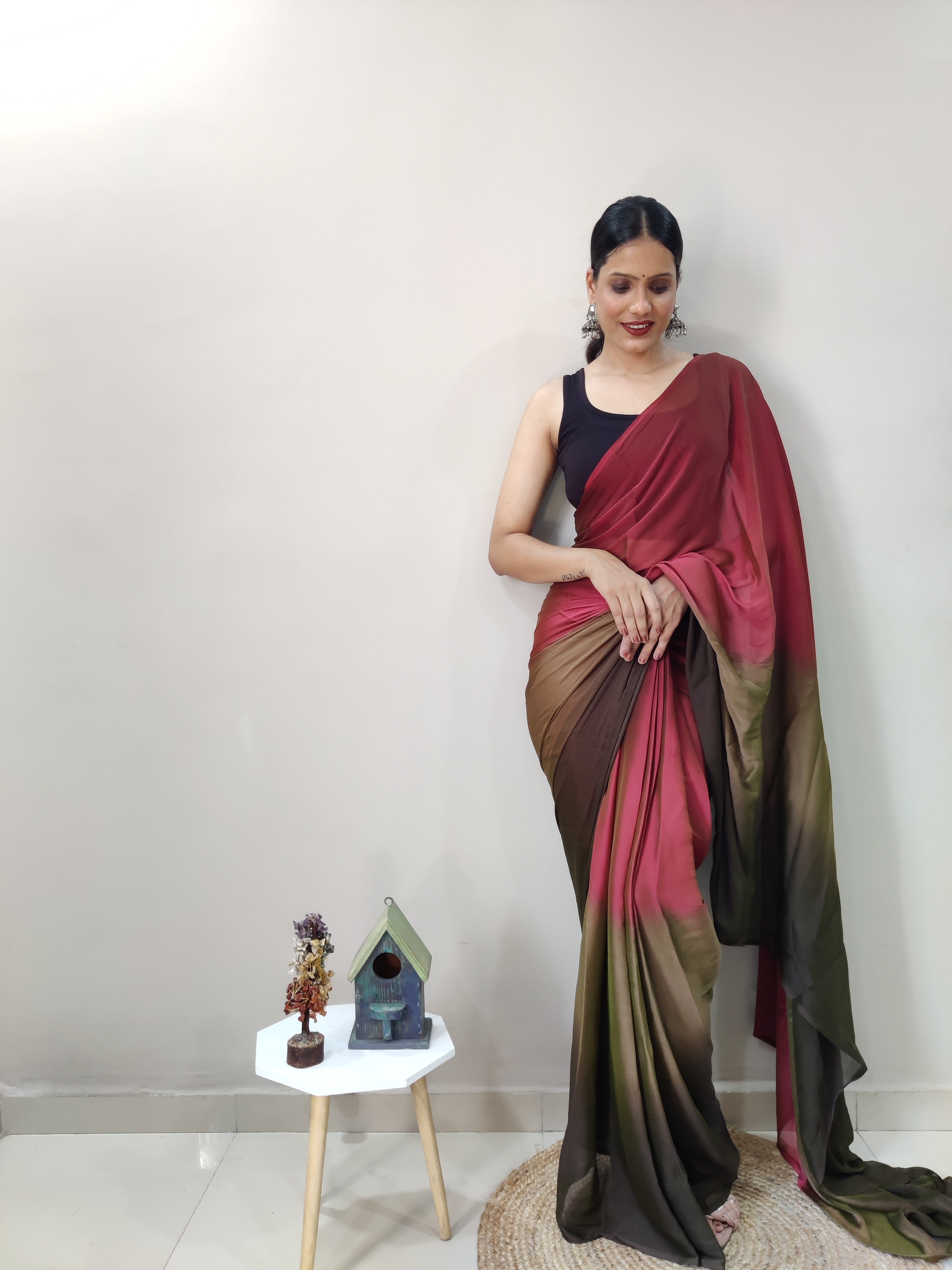 Pending Print One Minute Ready To Wear Peach-Coffee Shade Saree With Unstiched Blouse