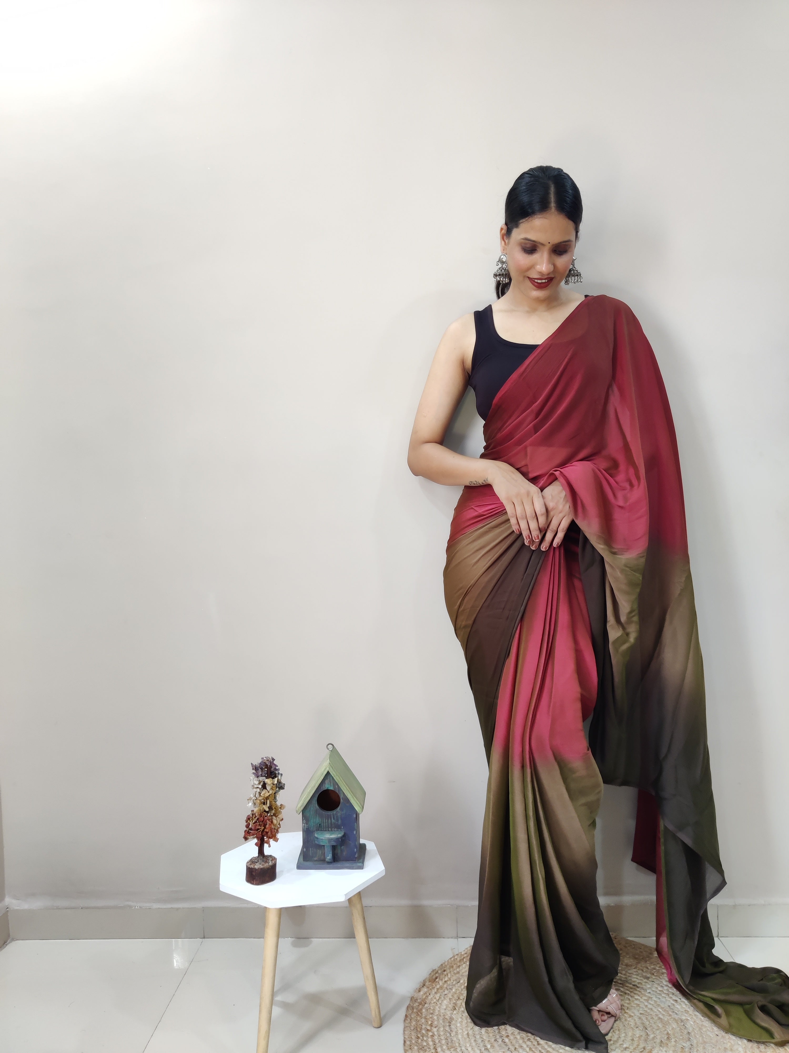 Pending Print One Minute Ready To Wear Peach-Coffee Shade Saree With Unstiched Blouse