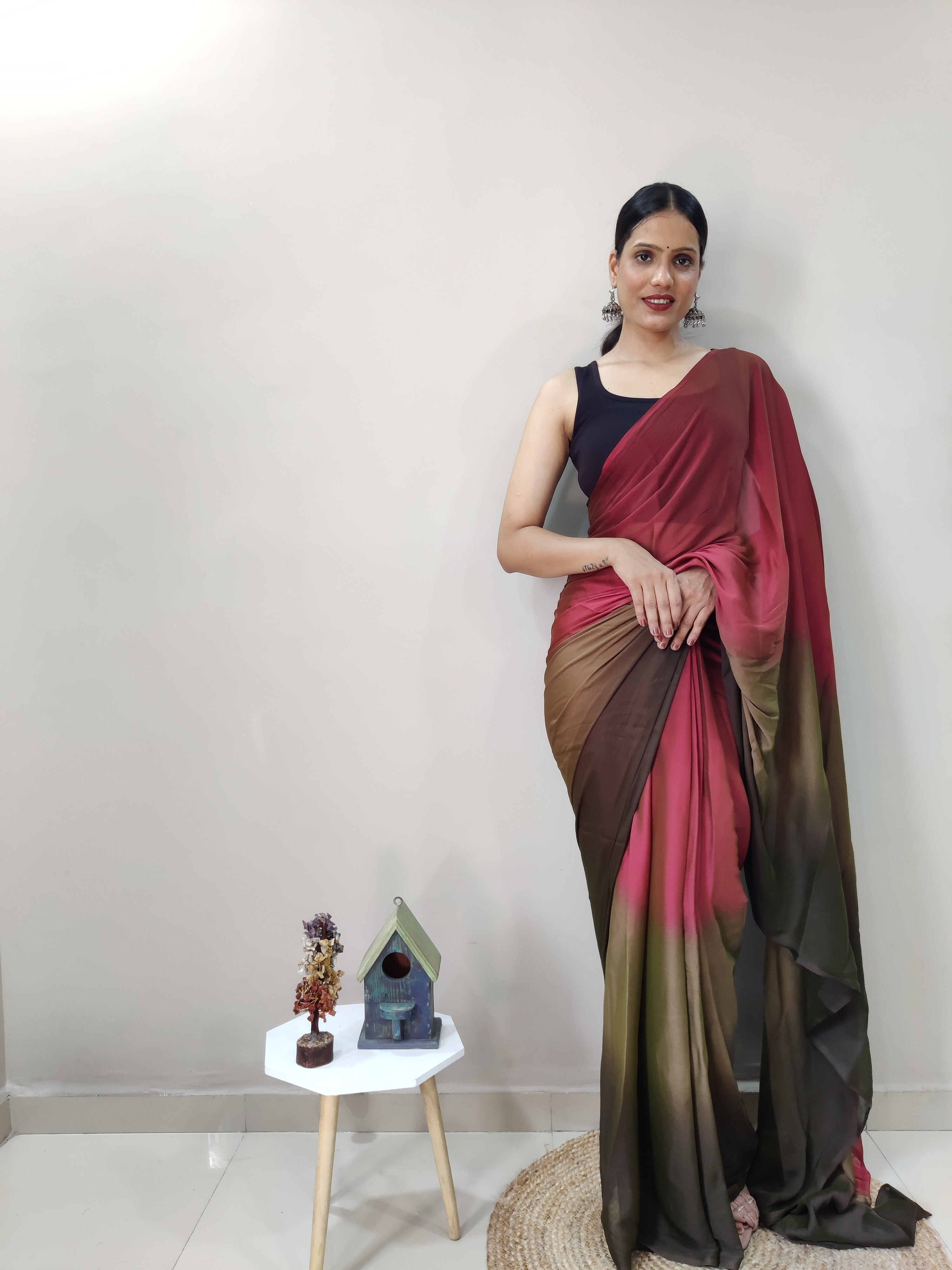 Pending Print One Minute Ready To Wear Peach-Coffee Shade Saree With Unstiched Blouse