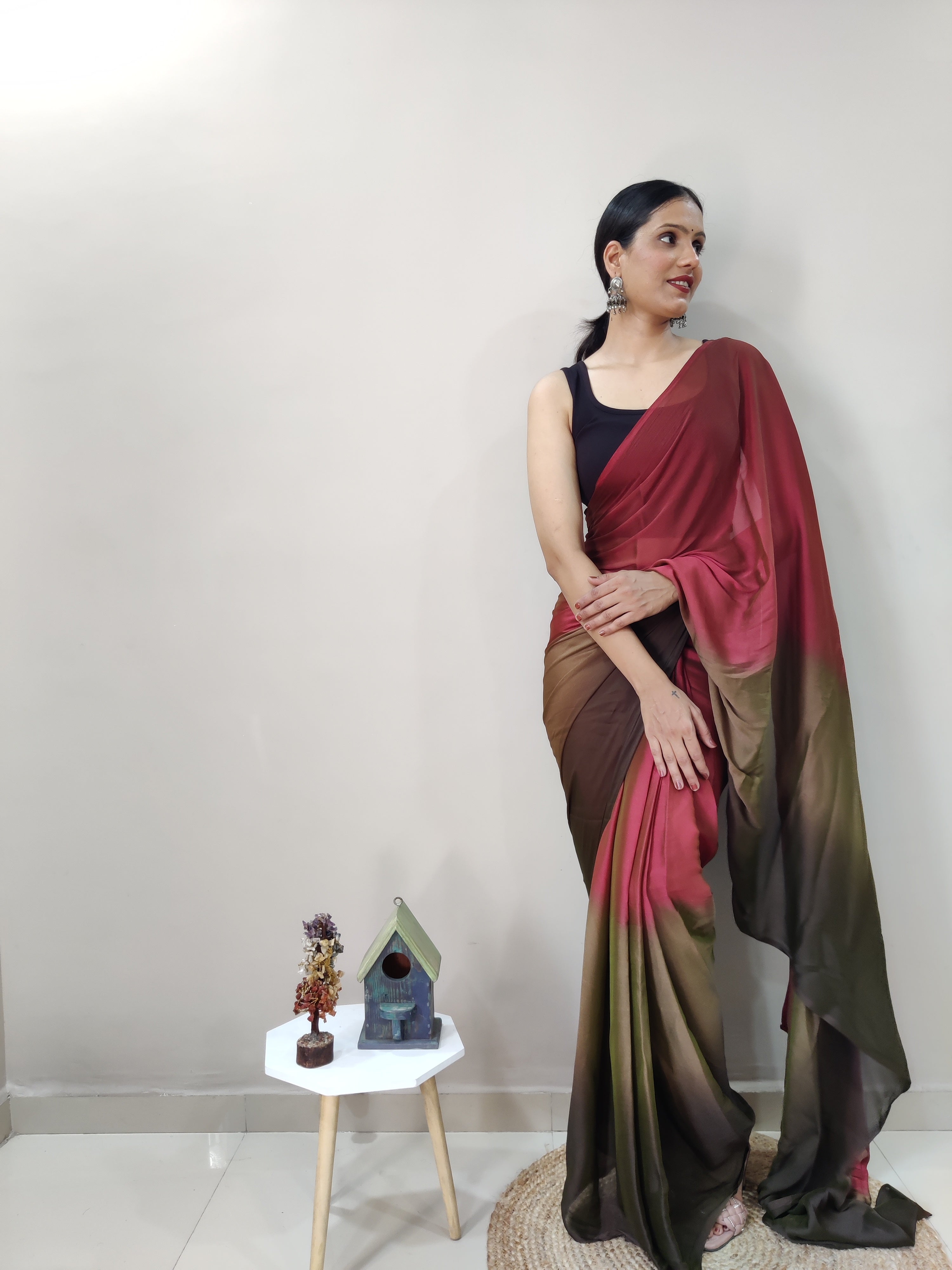 Pending Print One Minute Ready To Wear Peach-Coffee Shade Saree With Unstiched Blouse