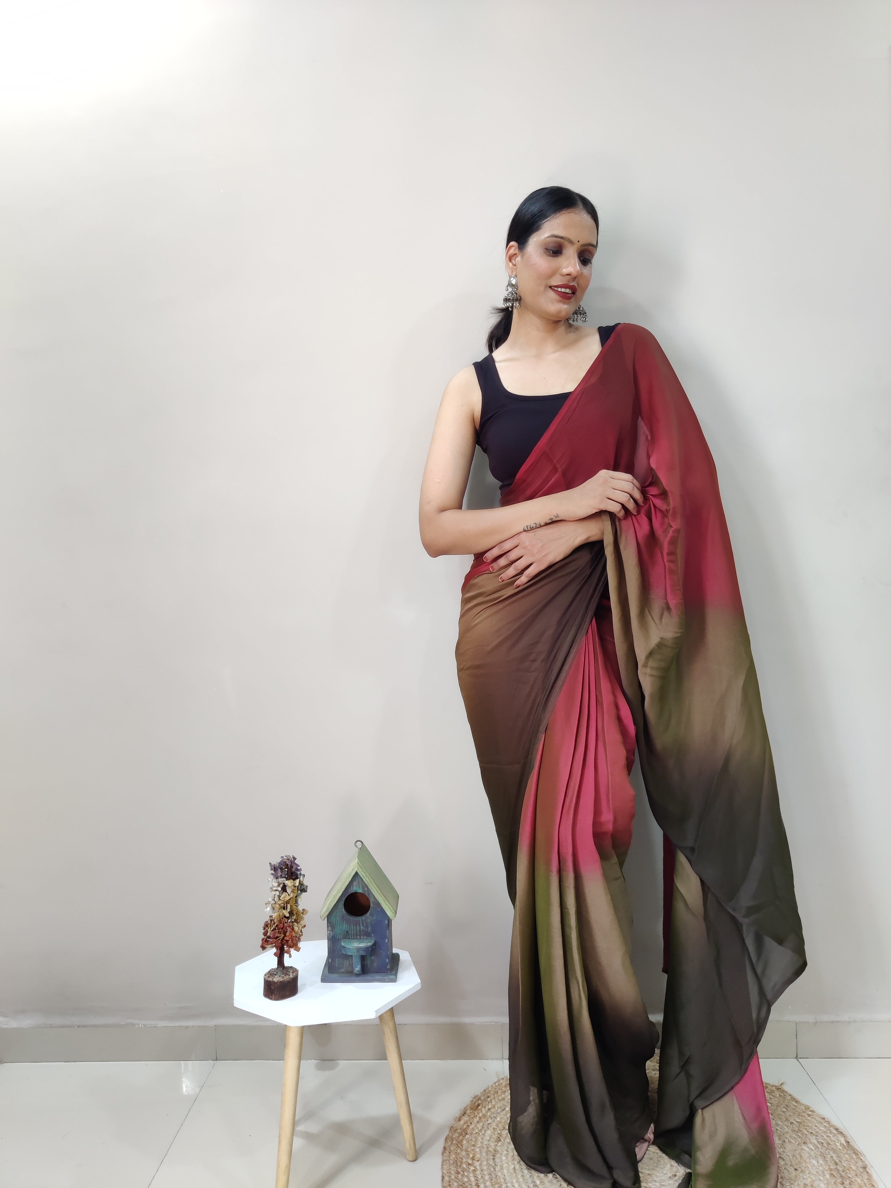 Pending Print One Minute Ready To Wear Peach-Coffee Shade Saree With Unstiched Blouse