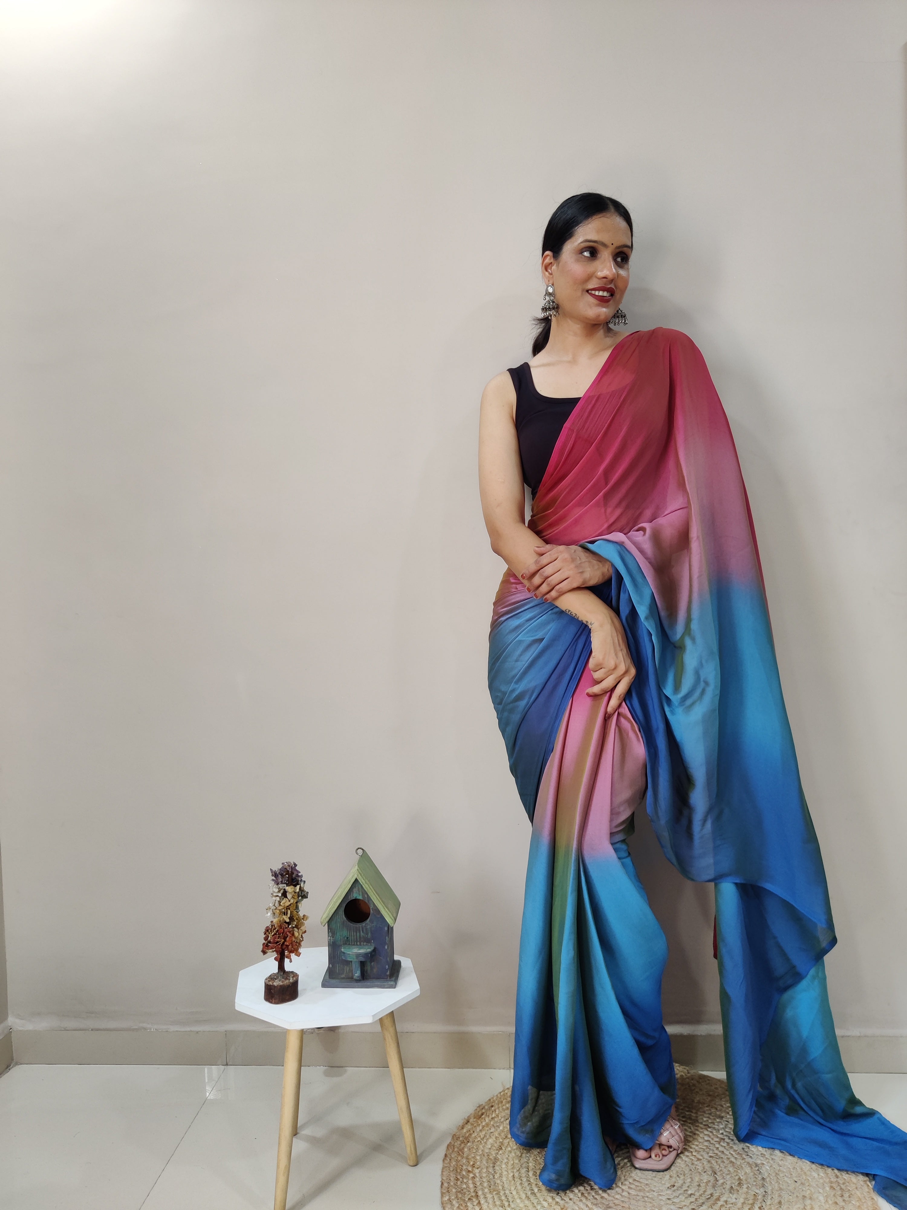 Pending Print One Minute Ready To Wear Red-Blue Saree With Unstiched Blouse