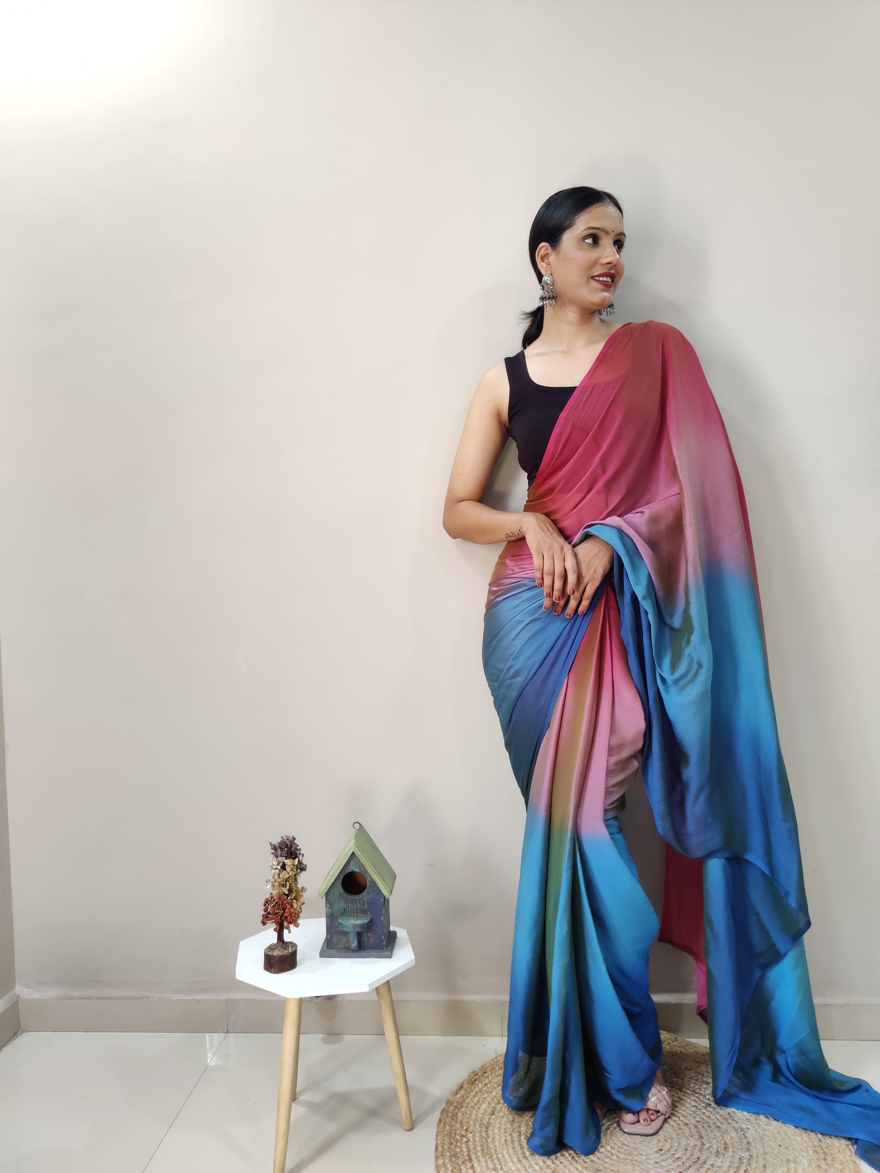 Pending Print One Minute Ready To Wear Red-Blue Saree With Unstiched Blouse