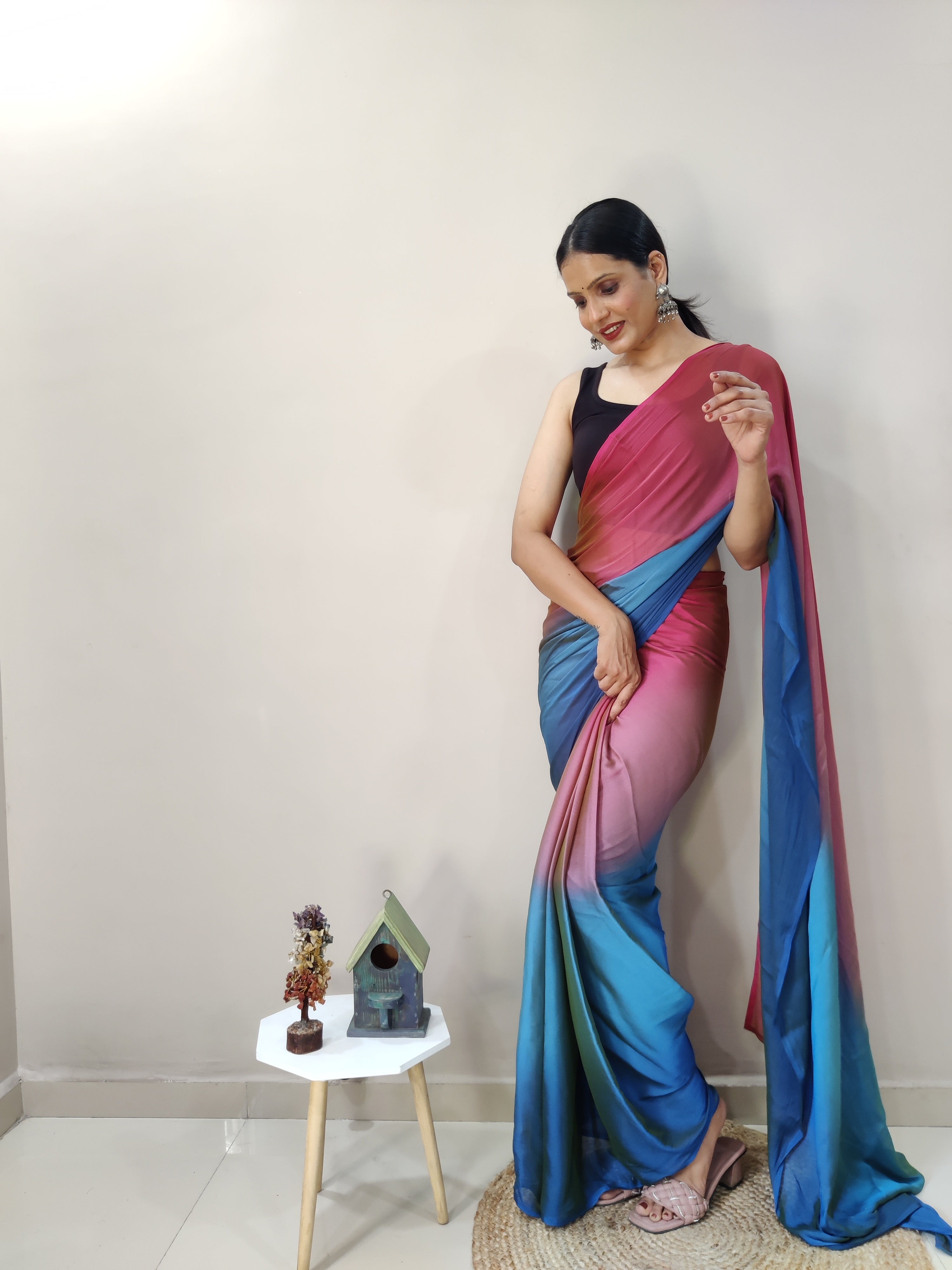 Pending Print One Minute Ready To Wear Red-Blue Saree With Unstiched Blouse