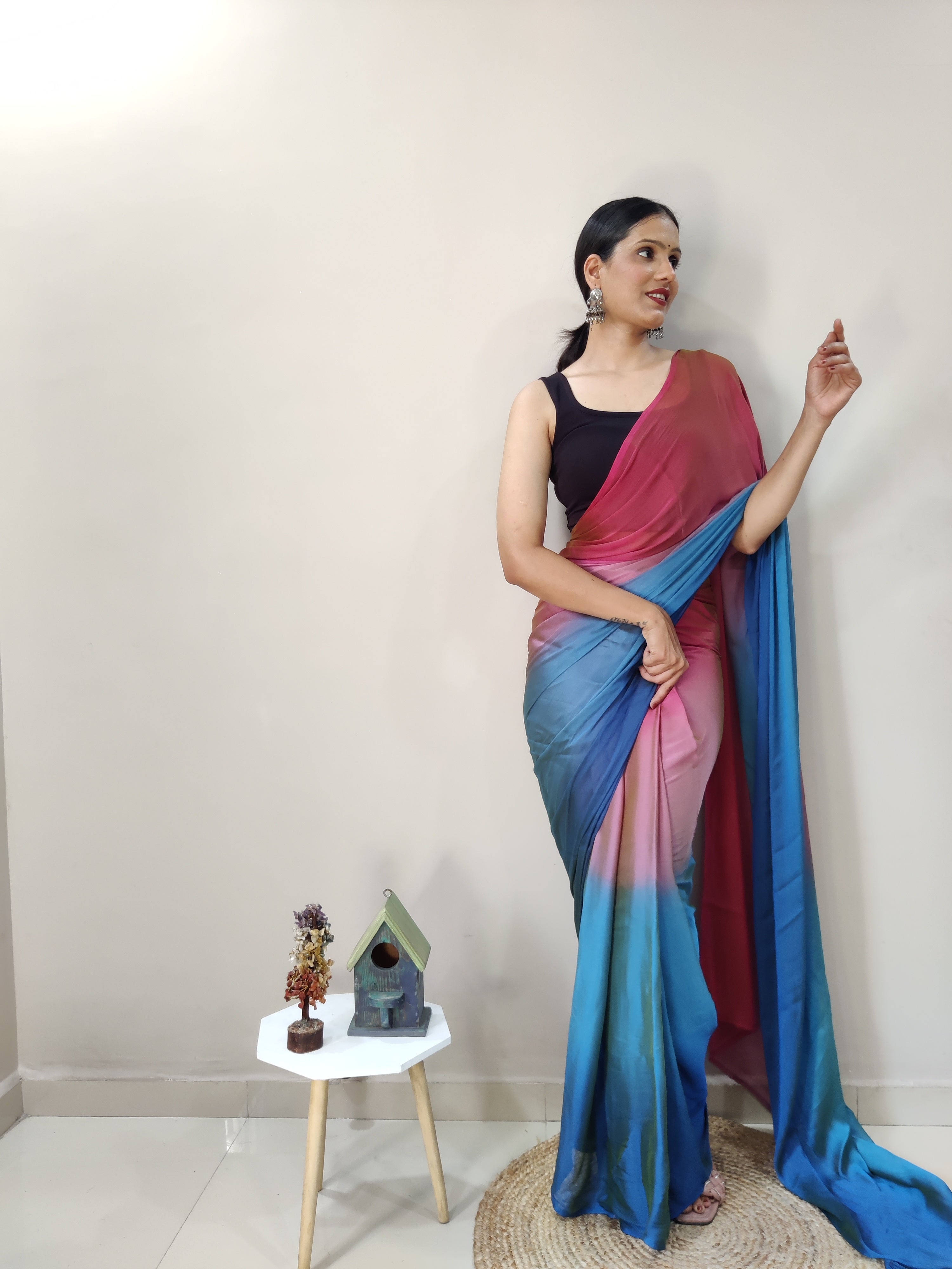 Pending Print One Minute Ready To Wear Red-Blue Saree With Unstiched Blouse