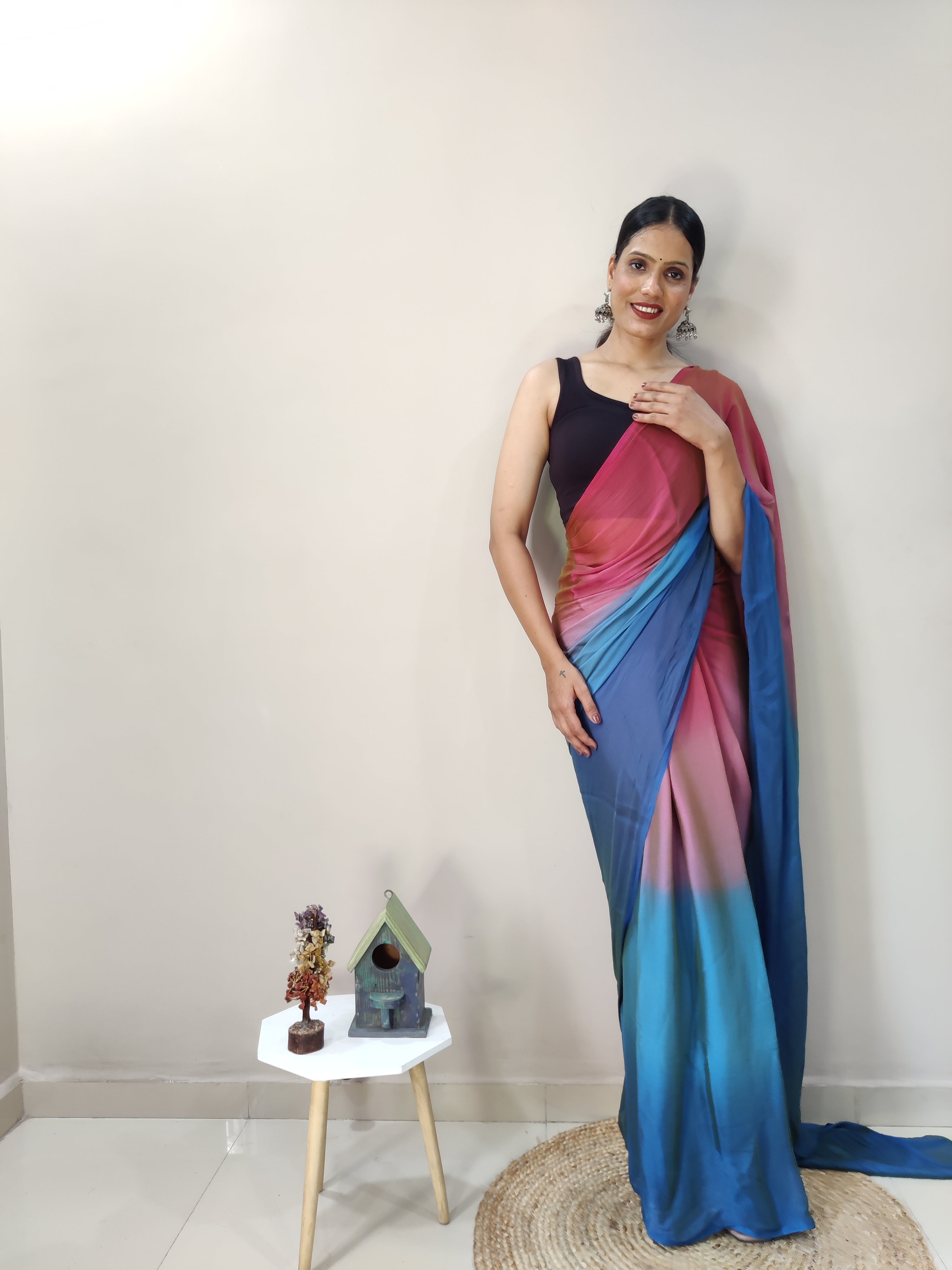 Pending Print One Minute Ready To Wear Red-Blue Saree With Unstiched Blouse