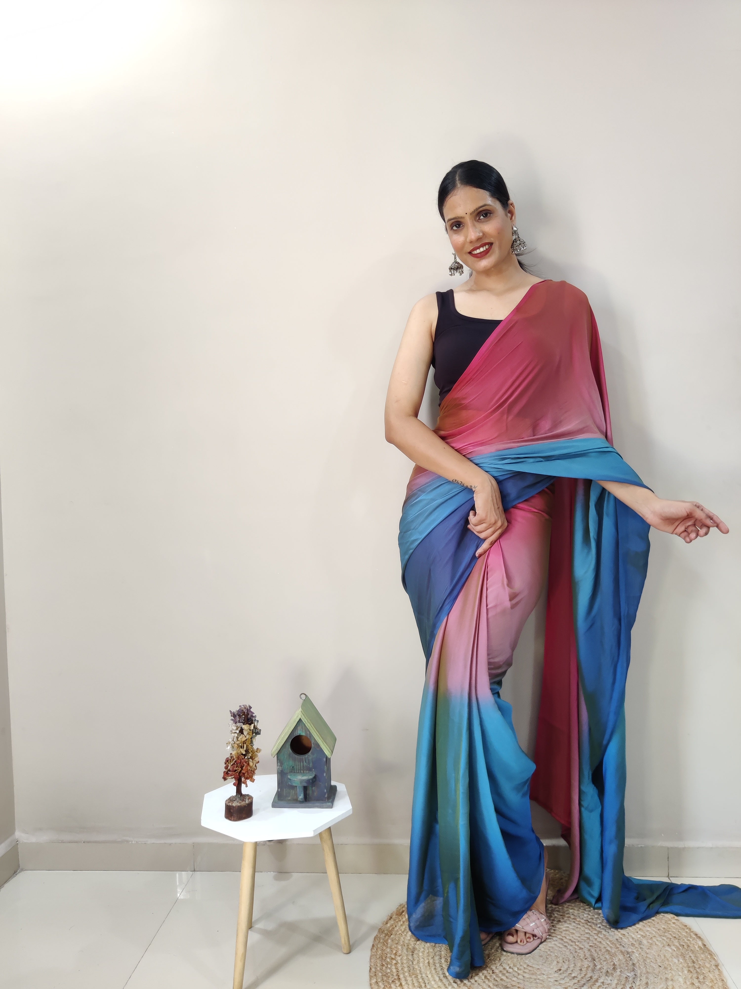 Pending Print One Minute Ready To Wear Red-Blue Saree With Unstiched Blouse