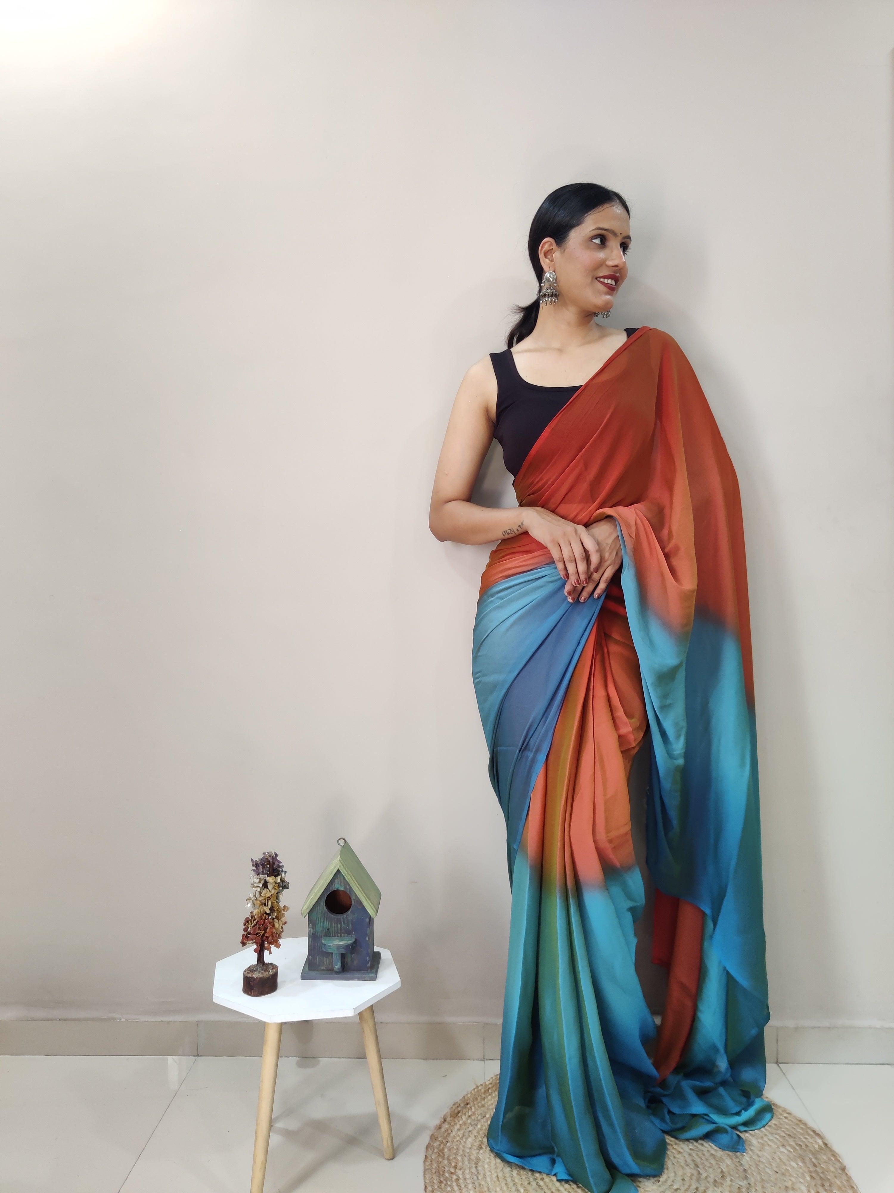 Pending Print One Minute Ready To Wear Red-Blue Saree With Unstiched Blouse