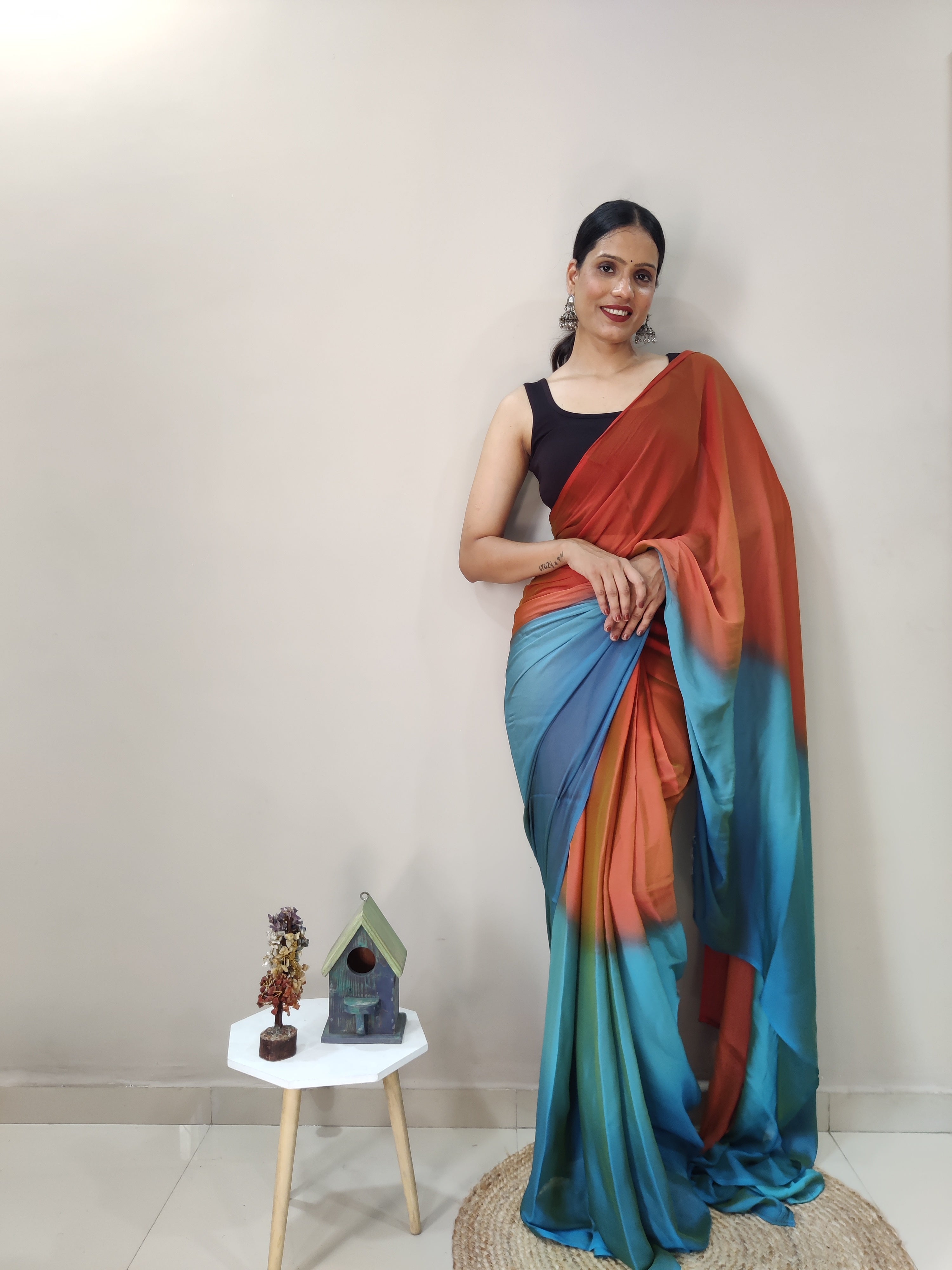 Pending Print One Minute Ready To Wear Red-Blue Saree With Unstiched Blouse