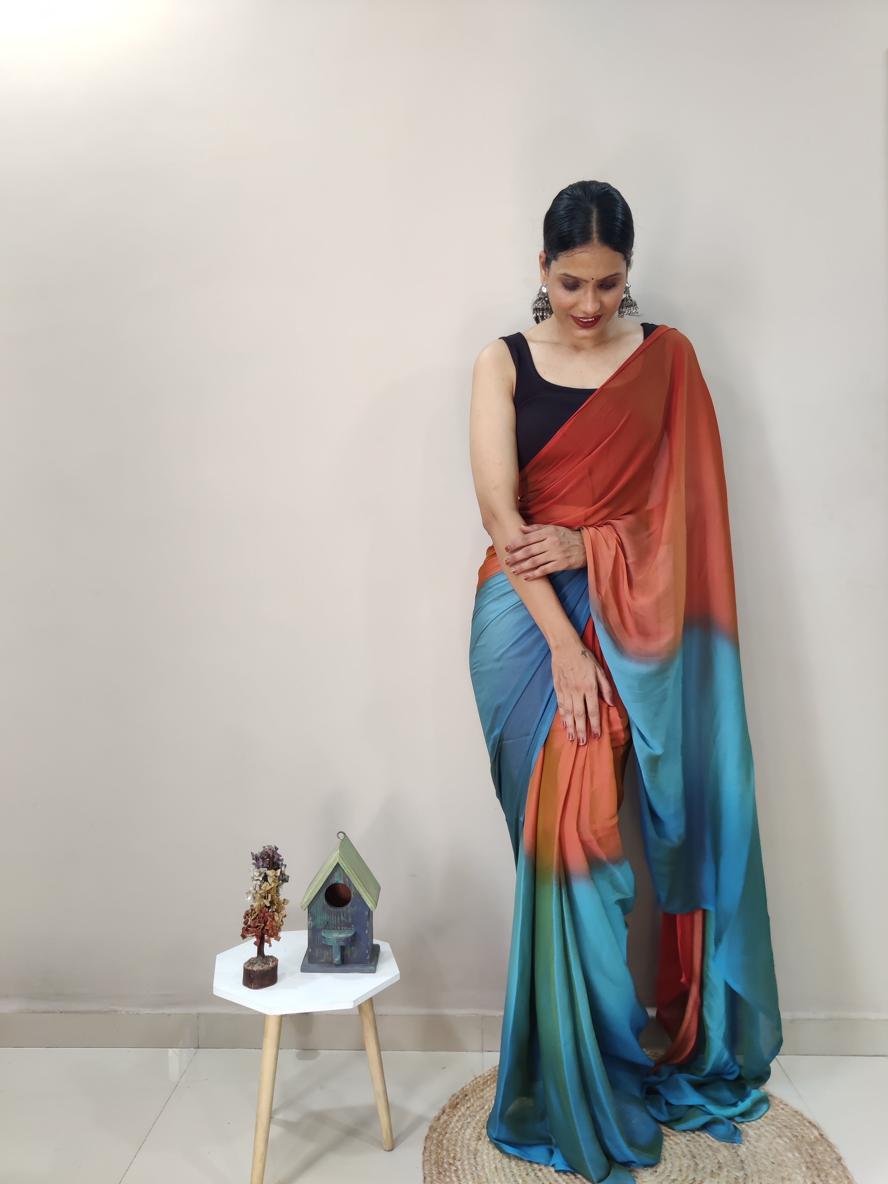 Pending Print One Minute Ready To Wear Red-Blue Saree With Unstiched Blouse