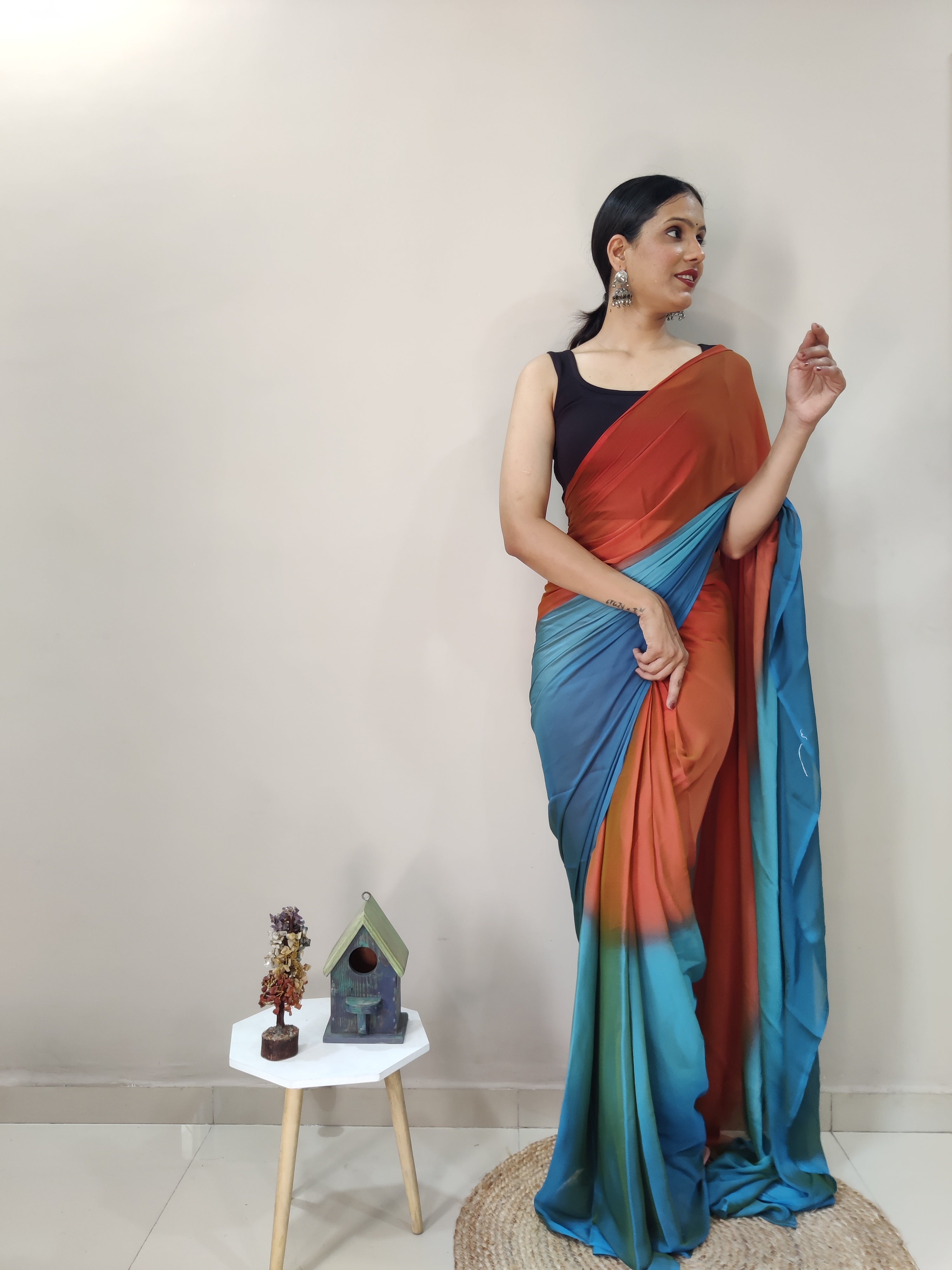 Pending Print One Minute Ready To Wear Orange-Blue Saree With Unstiched Blouse