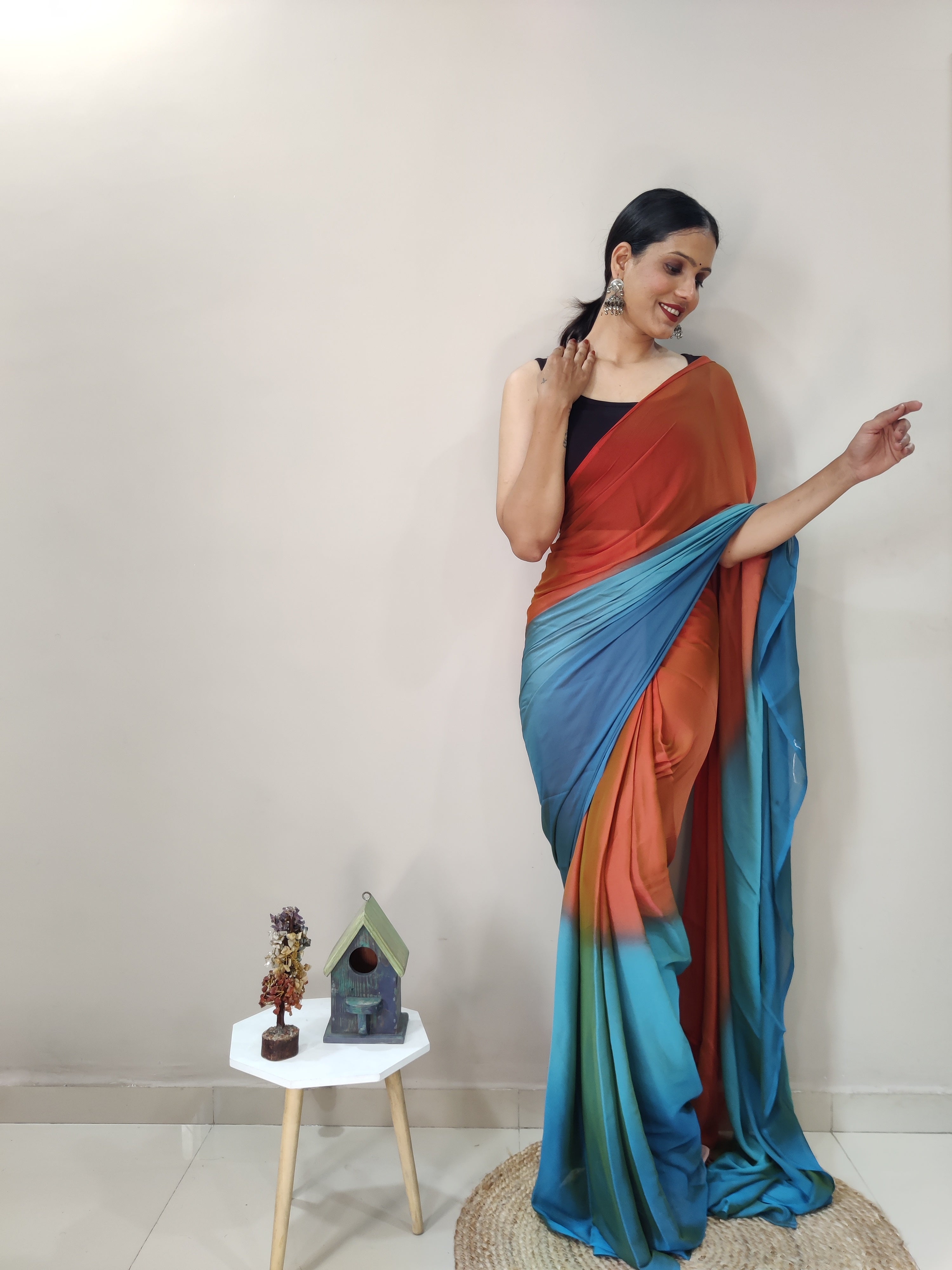 Pending Print One Minute Ready To Wear Orange-Blue Saree With Unstiched Blouse