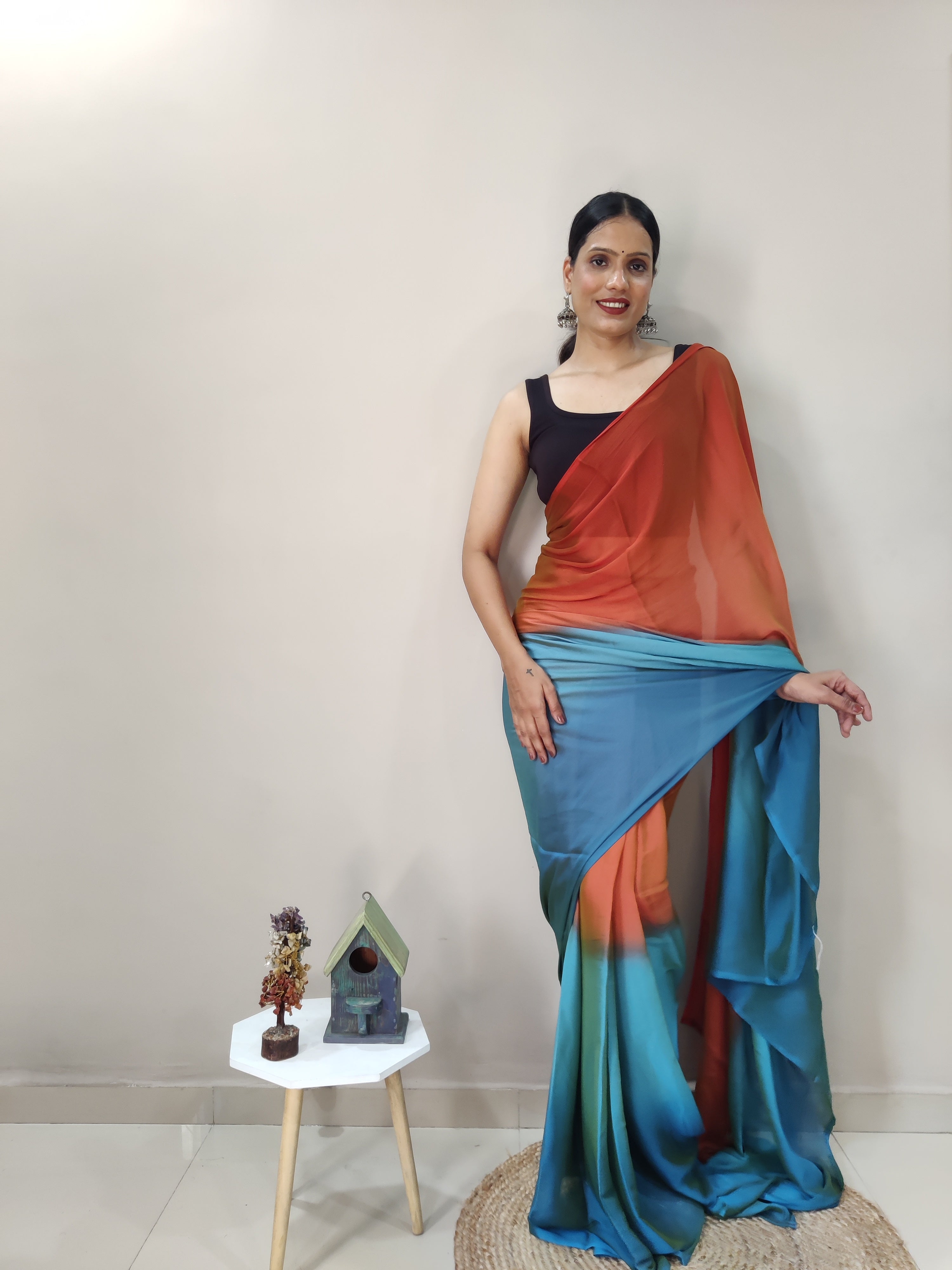 Pending Print One Minute Ready To Wear Orange-Blue Saree With Unstiched Blouse