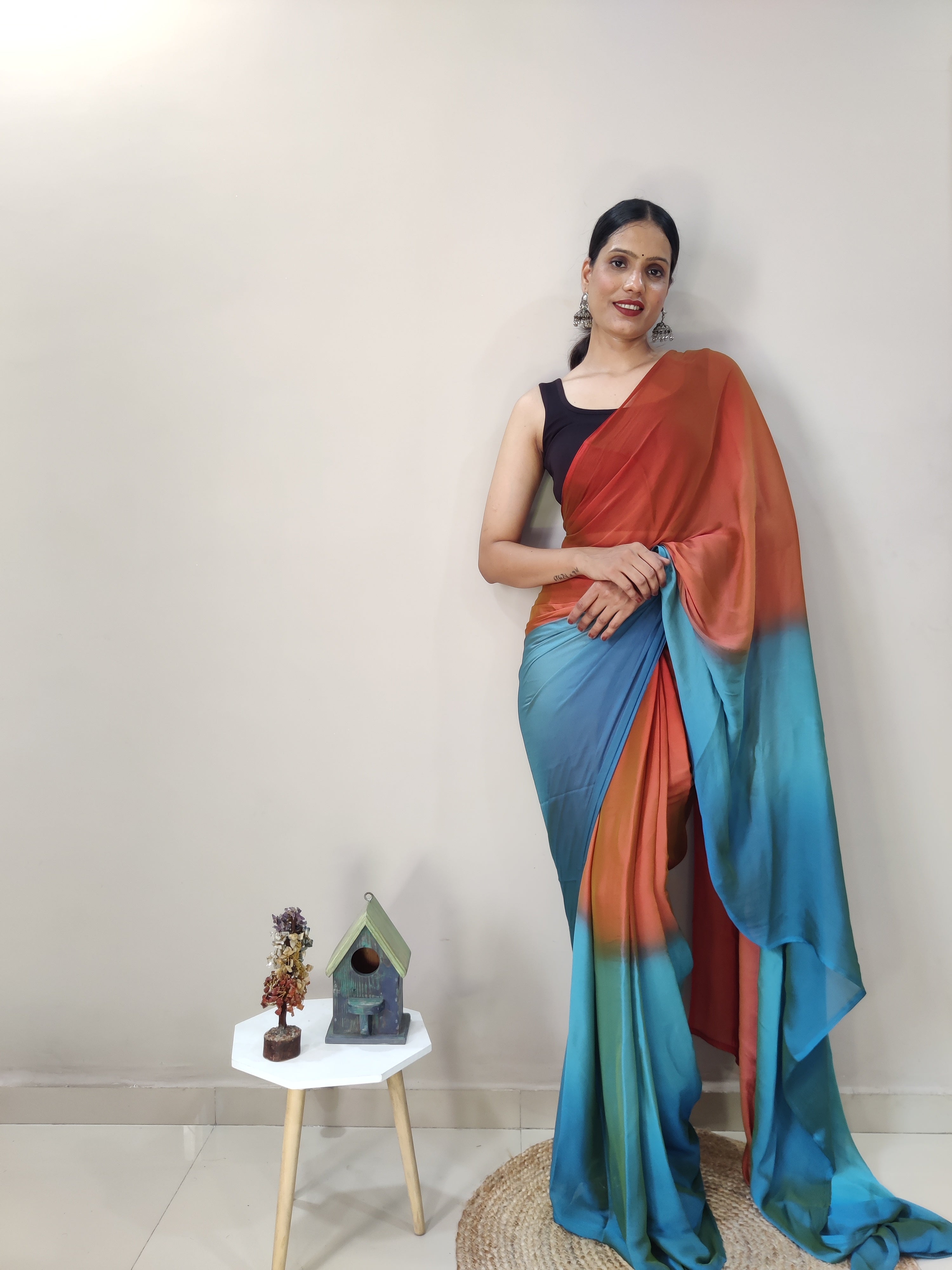 Pending Print One Minute Ready To Wear Orange-Blue Saree With Unstiched Blouse