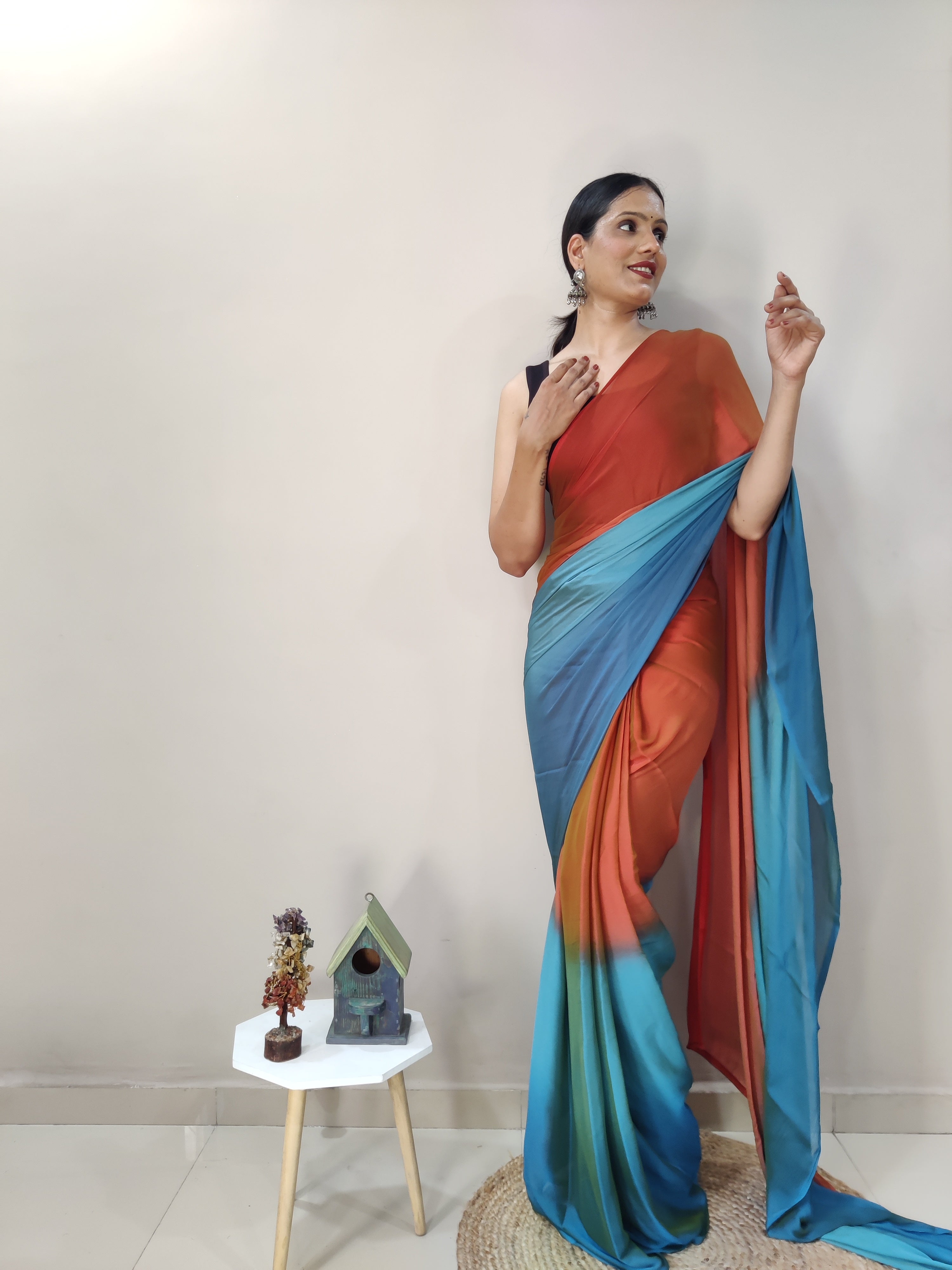 Pending Print One Minute Ready To Wear Orange-Blue Saree With Unstiched Blouse