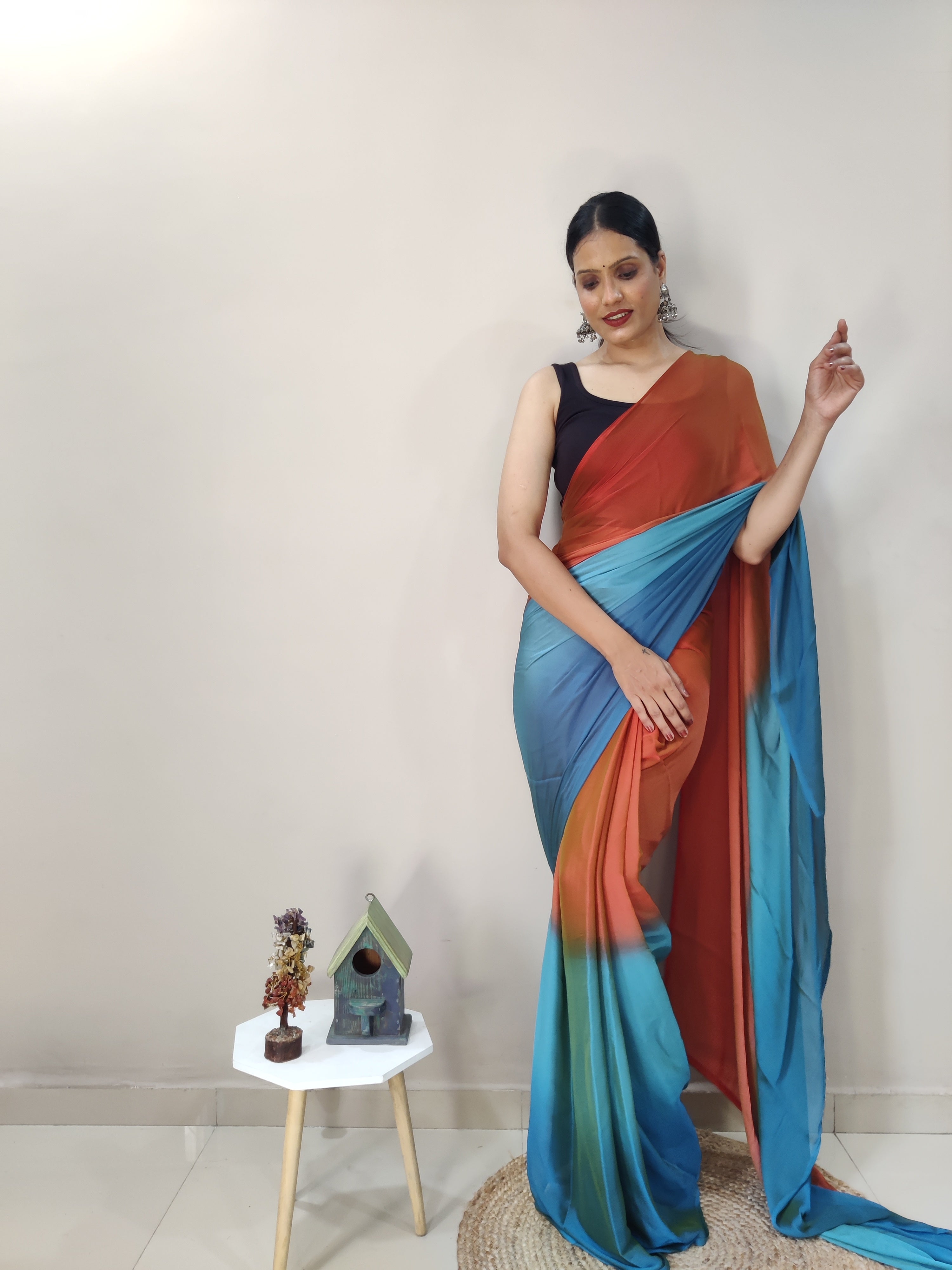 Pending Print One Minute Ready To Wear Orange-Blue Saree With Unstiched Blouse