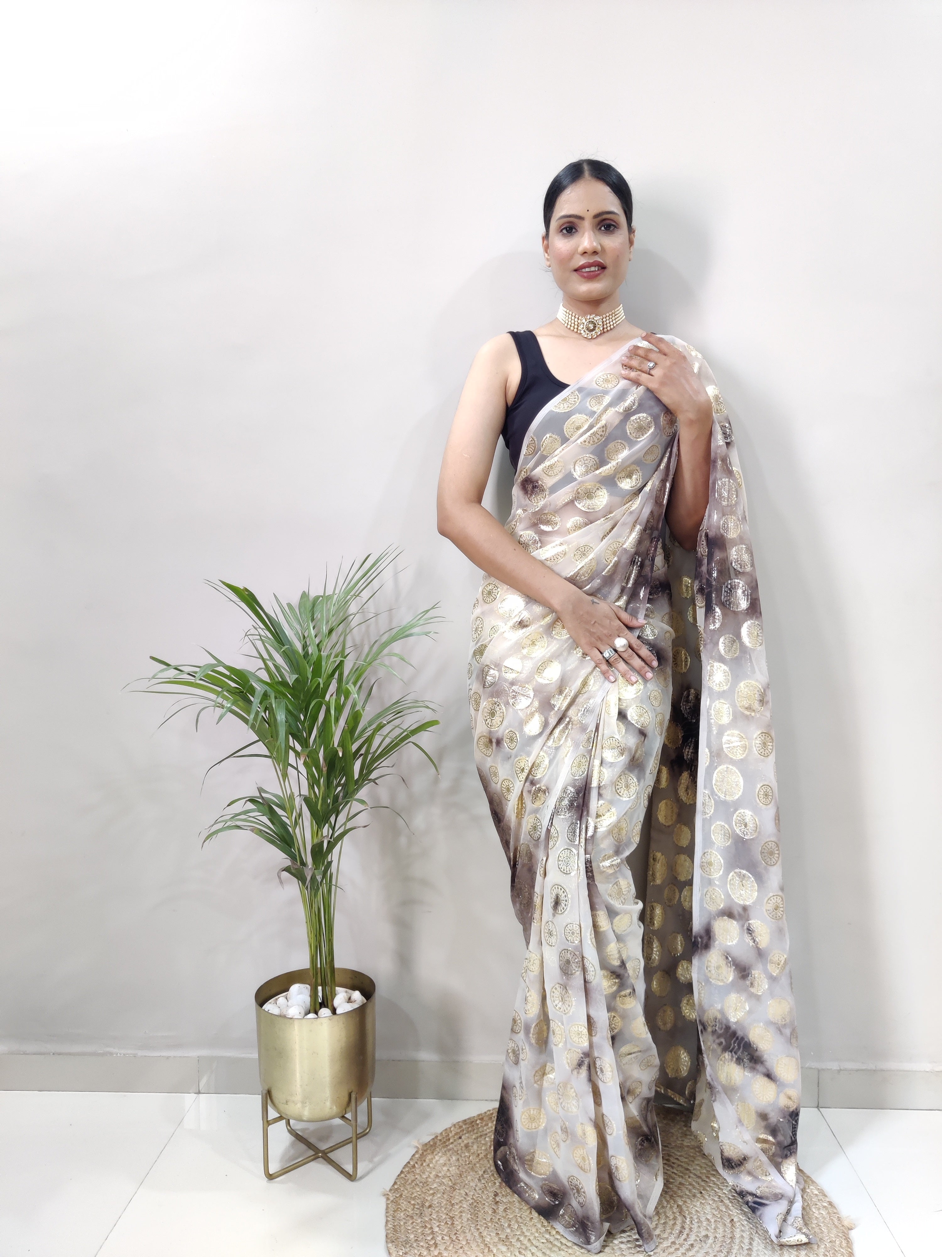 One Minute Ready to Wear New Trendy Design Brown  Silver Saree Divashree