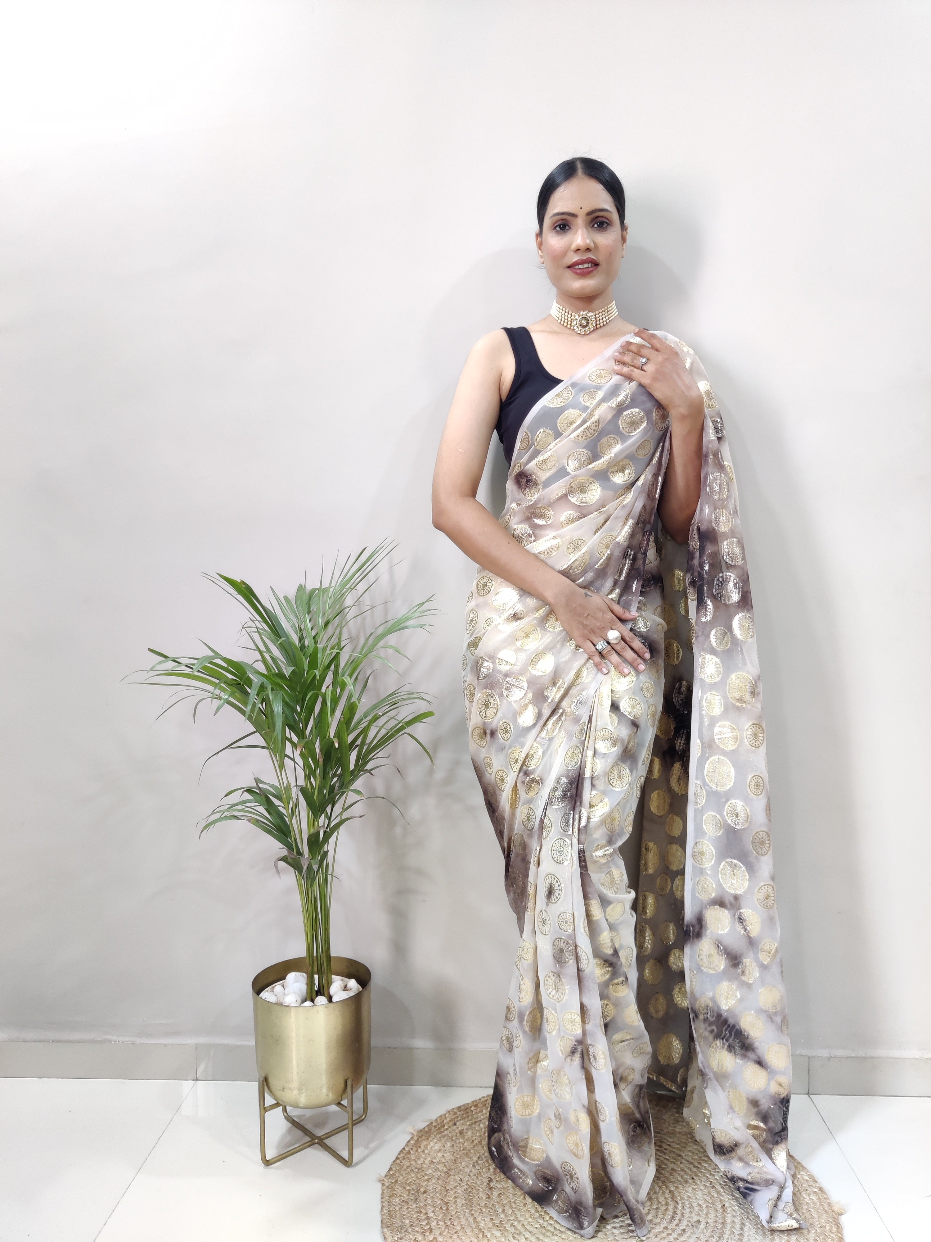 One Minute Ready to Wear New Trendy Design Brown  Silver Saree Divashree