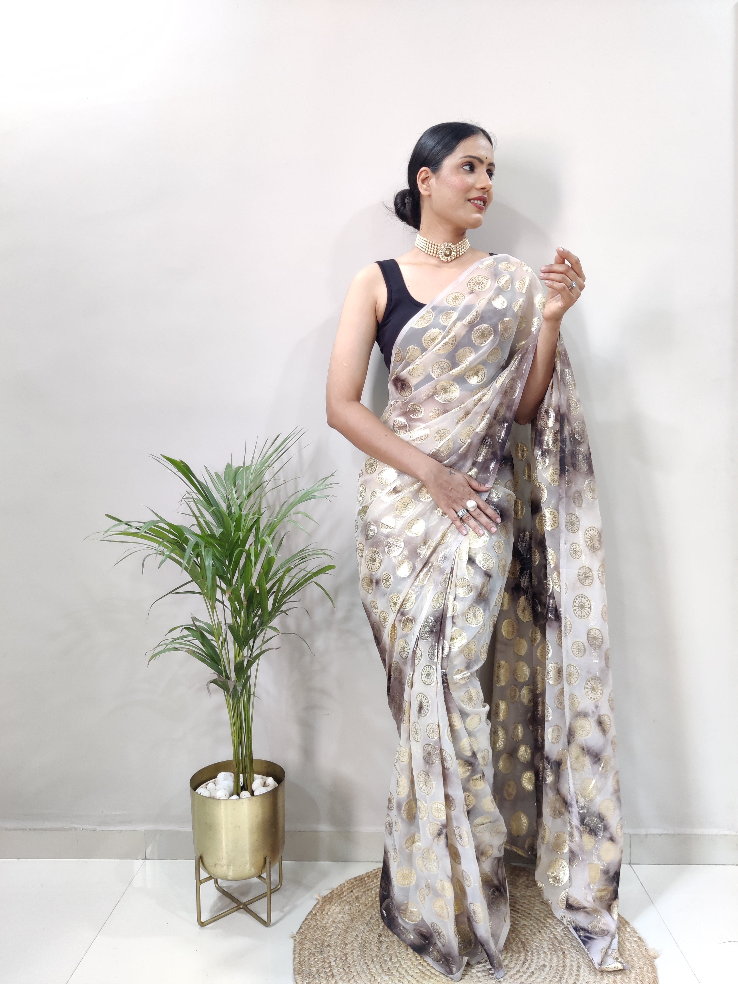 One Minute Ready to Wear New Trendy Design Brown  Silver Saree Divashree