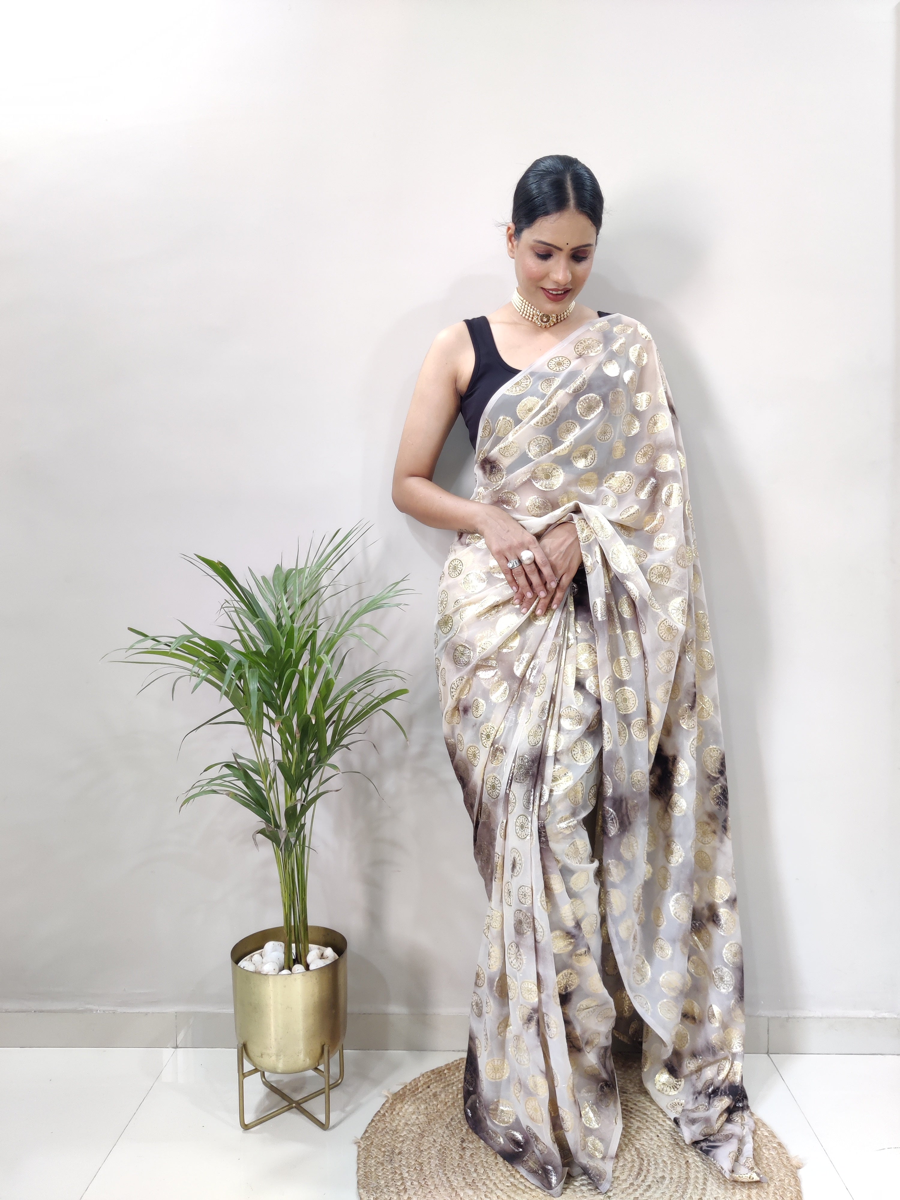 One Minute Ready to Wear New Trendy Design Brown  Silver Saree Divashree