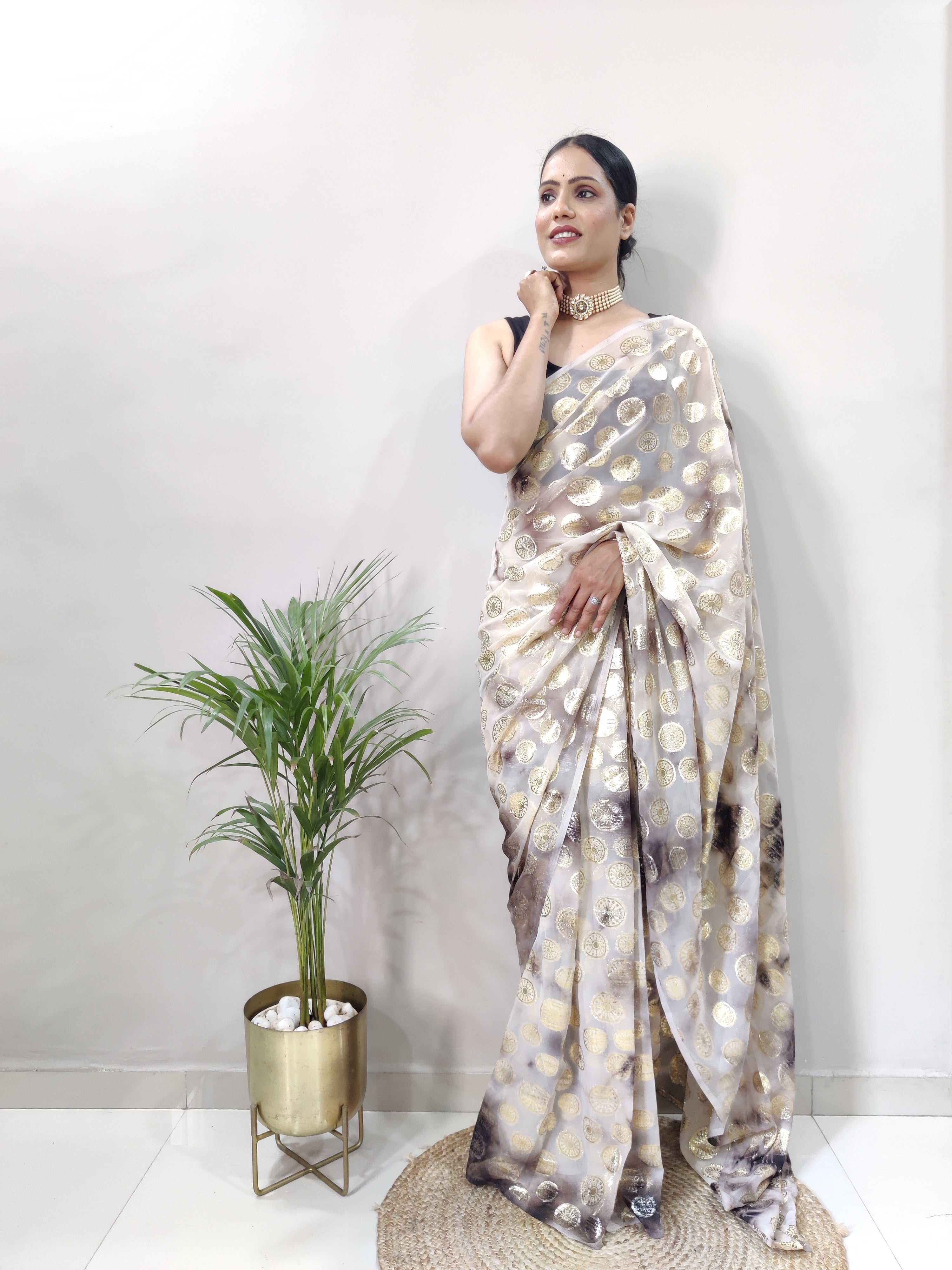 One Minute Ready to Wear New Trendy Design Brown  Silver Saree Divashree