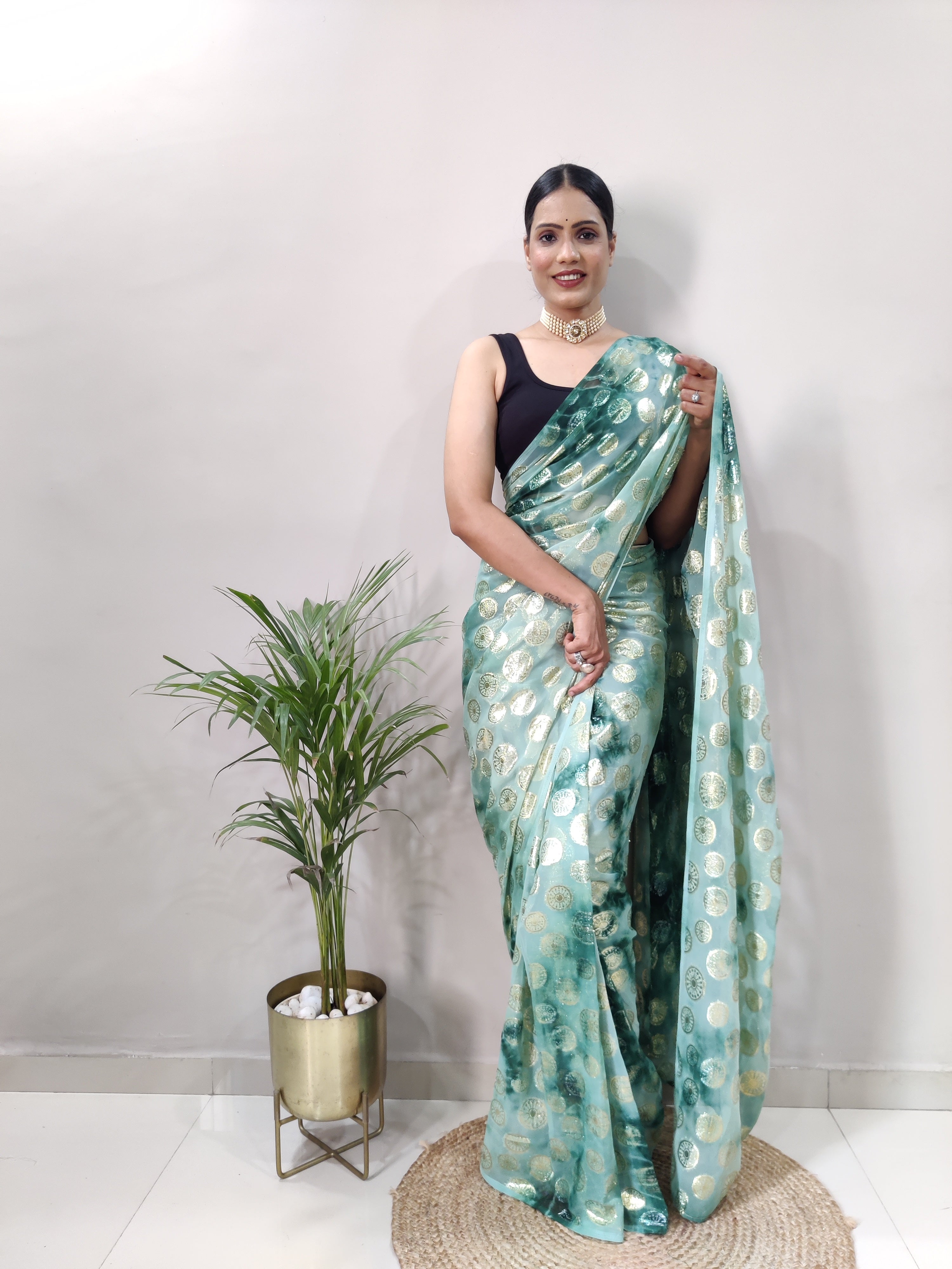 One Minute Ready to Wear New Trendy Design Green Silver Saree Divashree