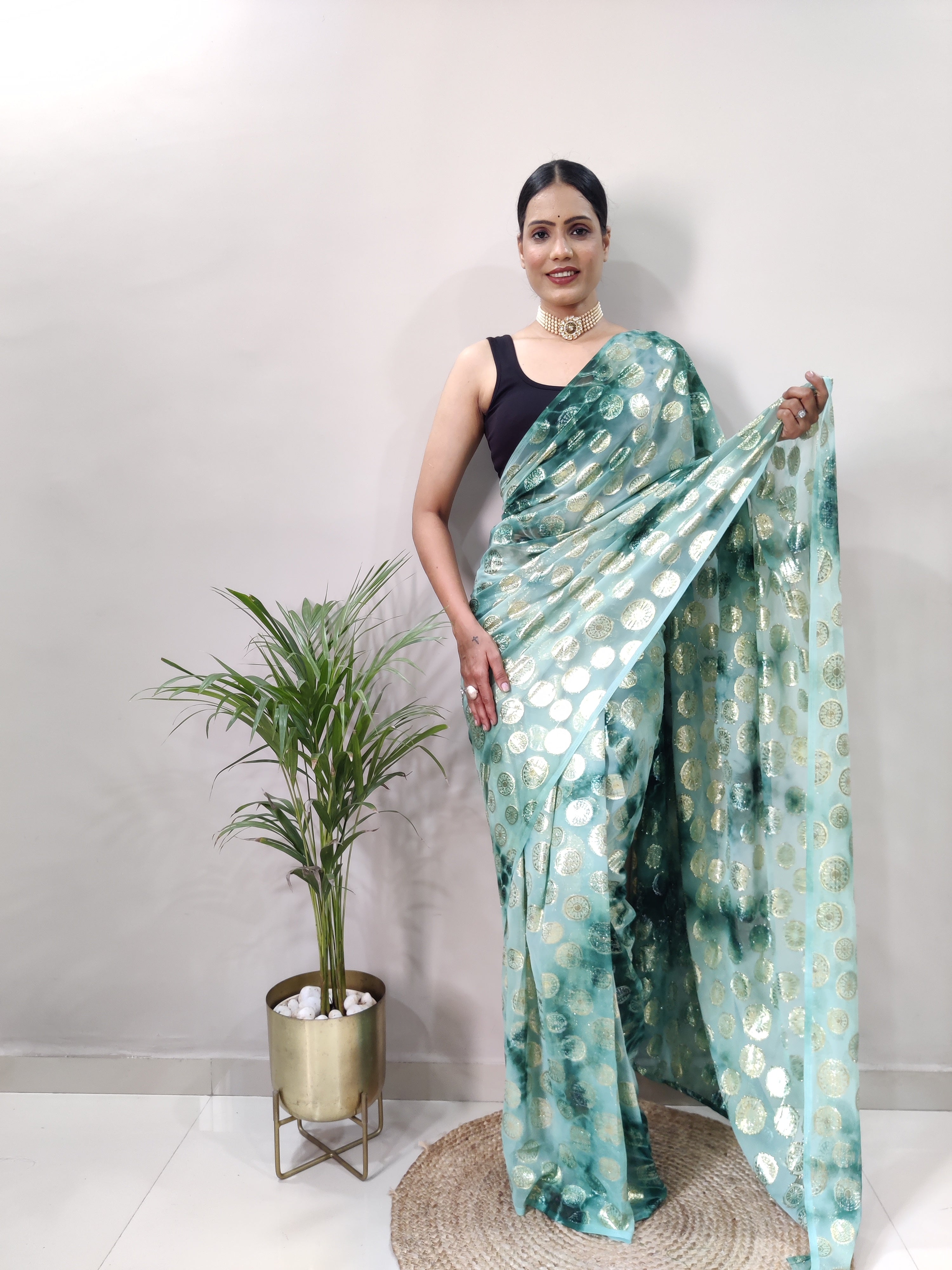 One Minute Ready to Wear New Trendy Design Green Silver Saree Divashree