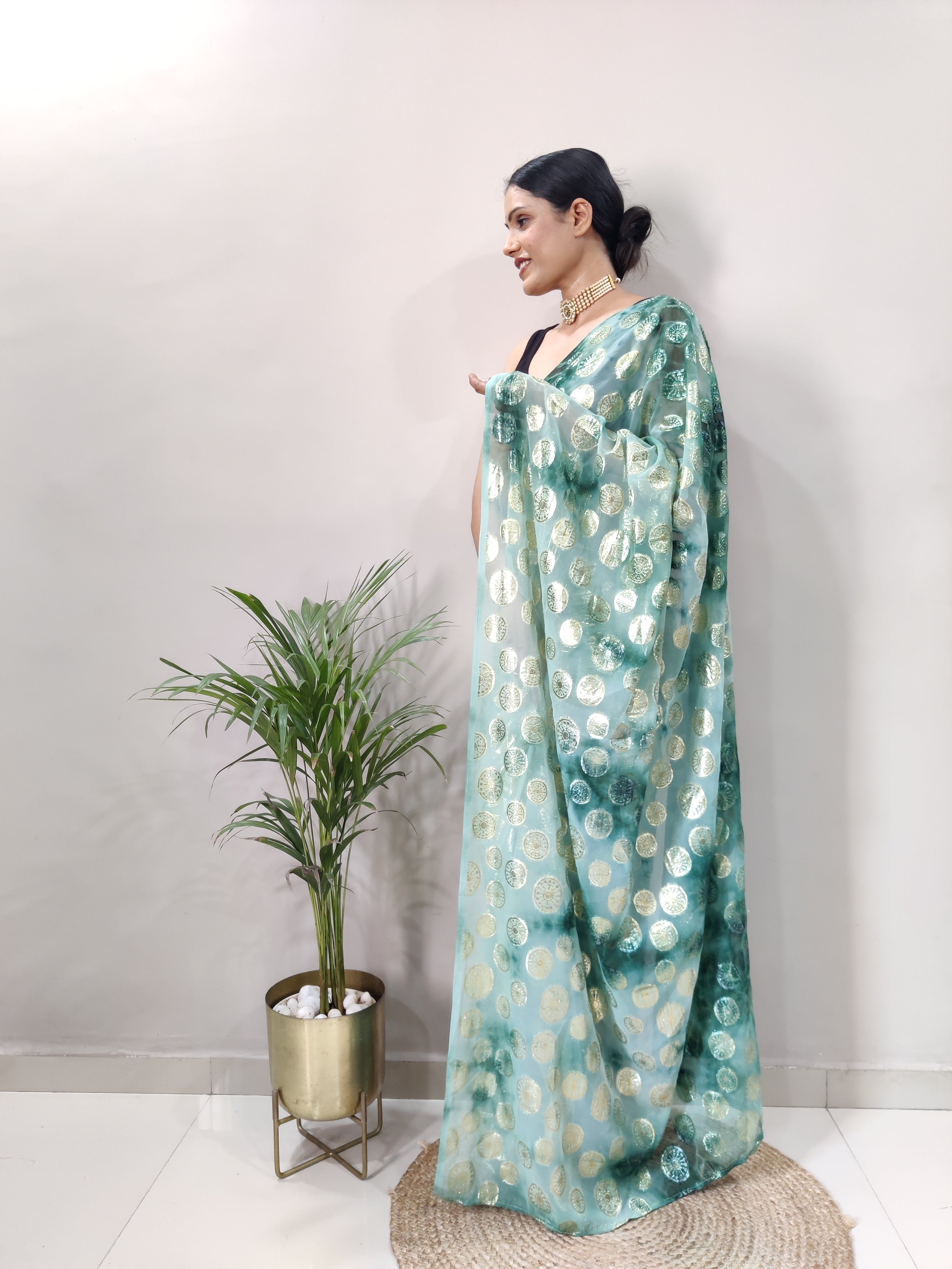 One Minute Ready to Wear New Trendy Design Green Silver Saree Divashree