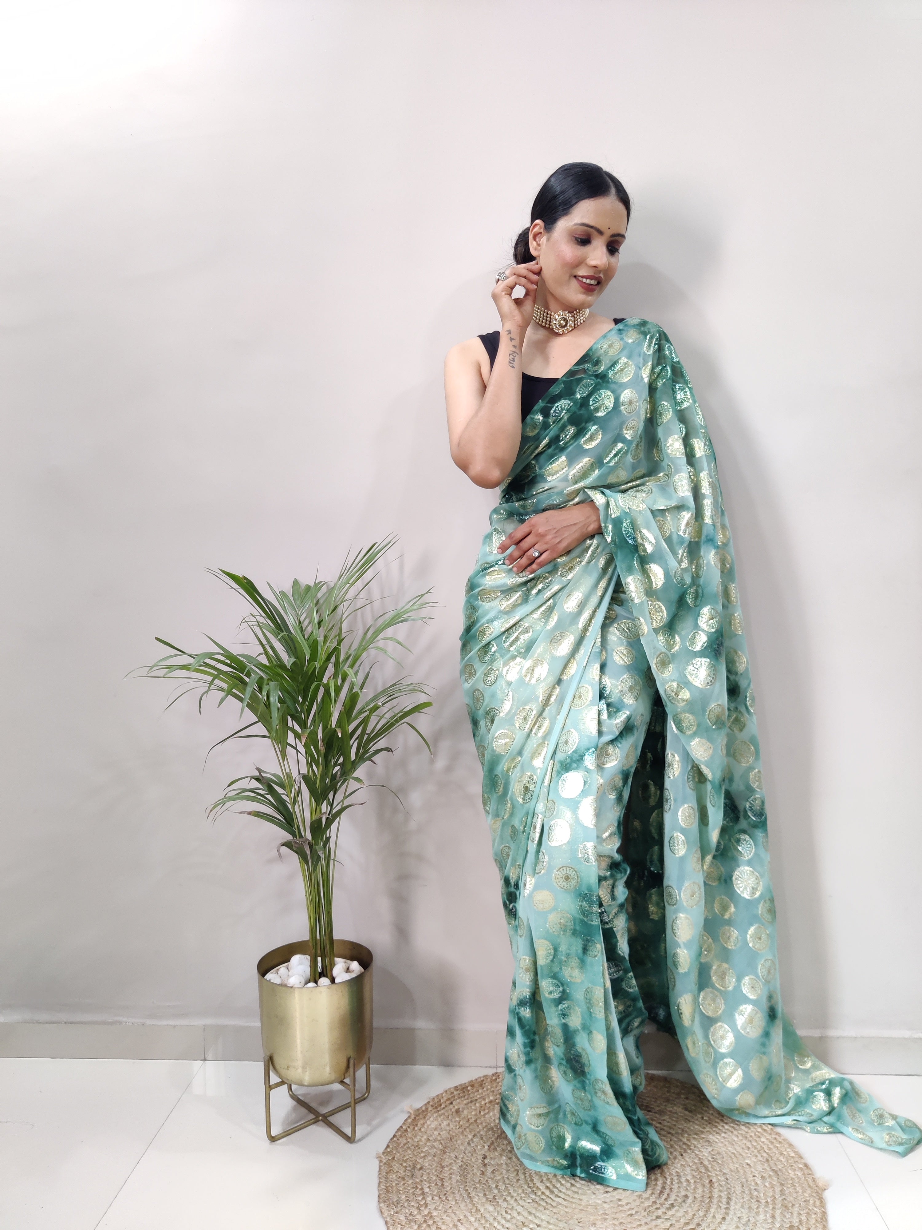 One Minute Ready to Wear New Trendy Design Green Silver Saree Divashree