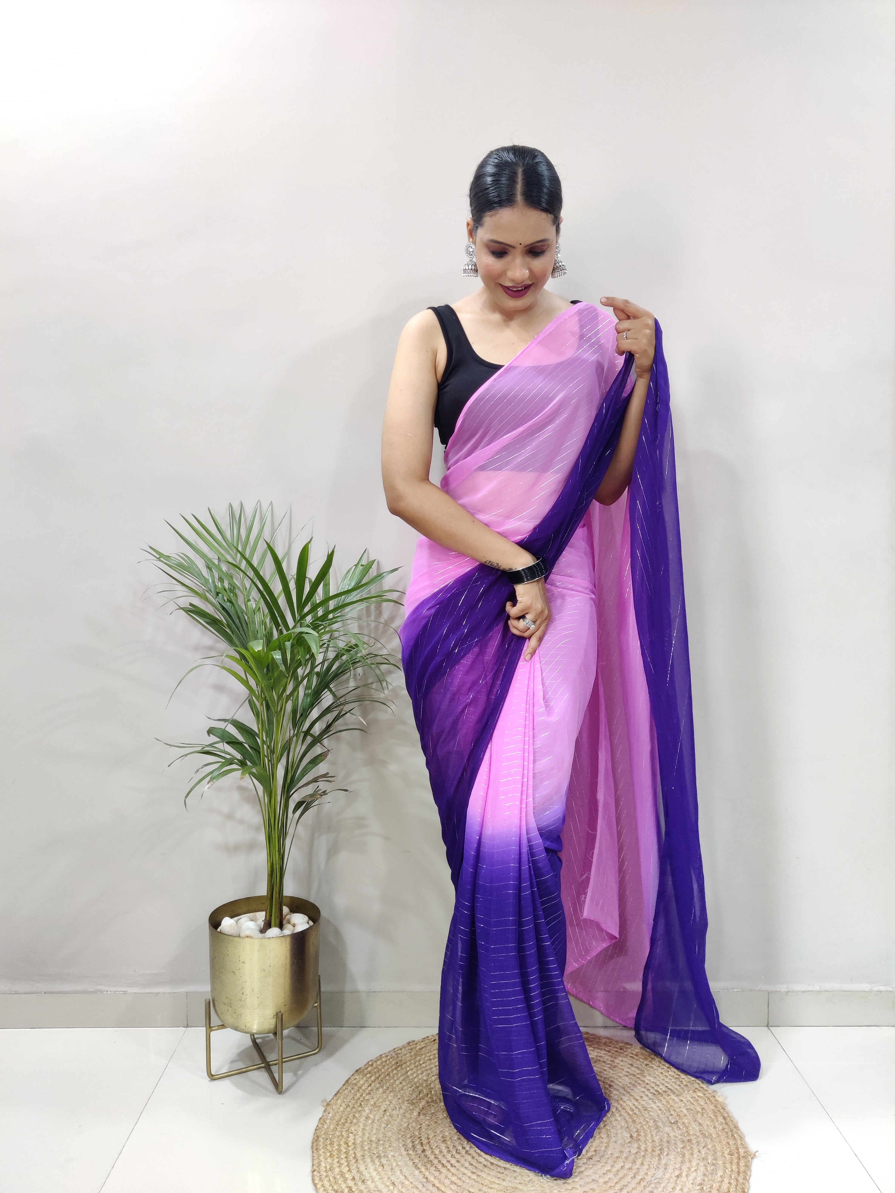 Fancy Pure Bloomy Purple Viscose Fabric with zari lining and fancy lace border Divashree