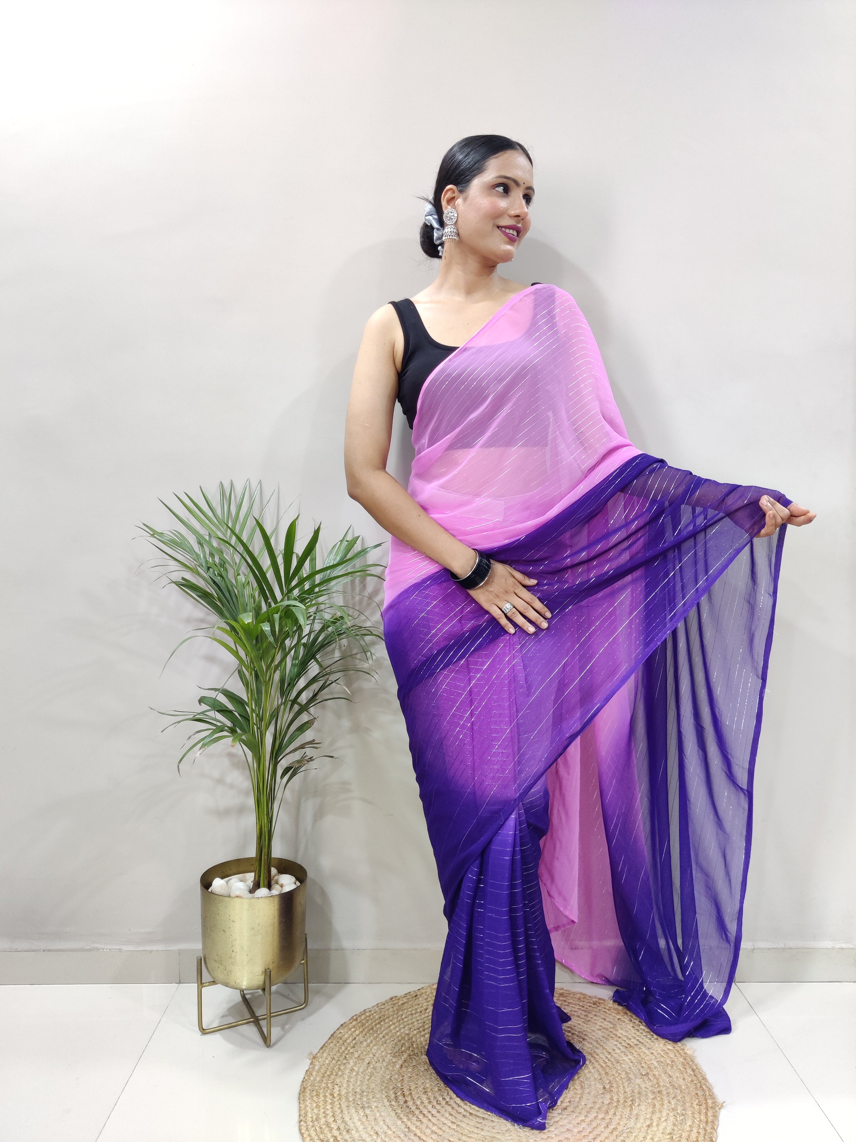 Fancy Pure Bloomy Purple Viscose Fabric with zari lining and fancy lace border Divashree