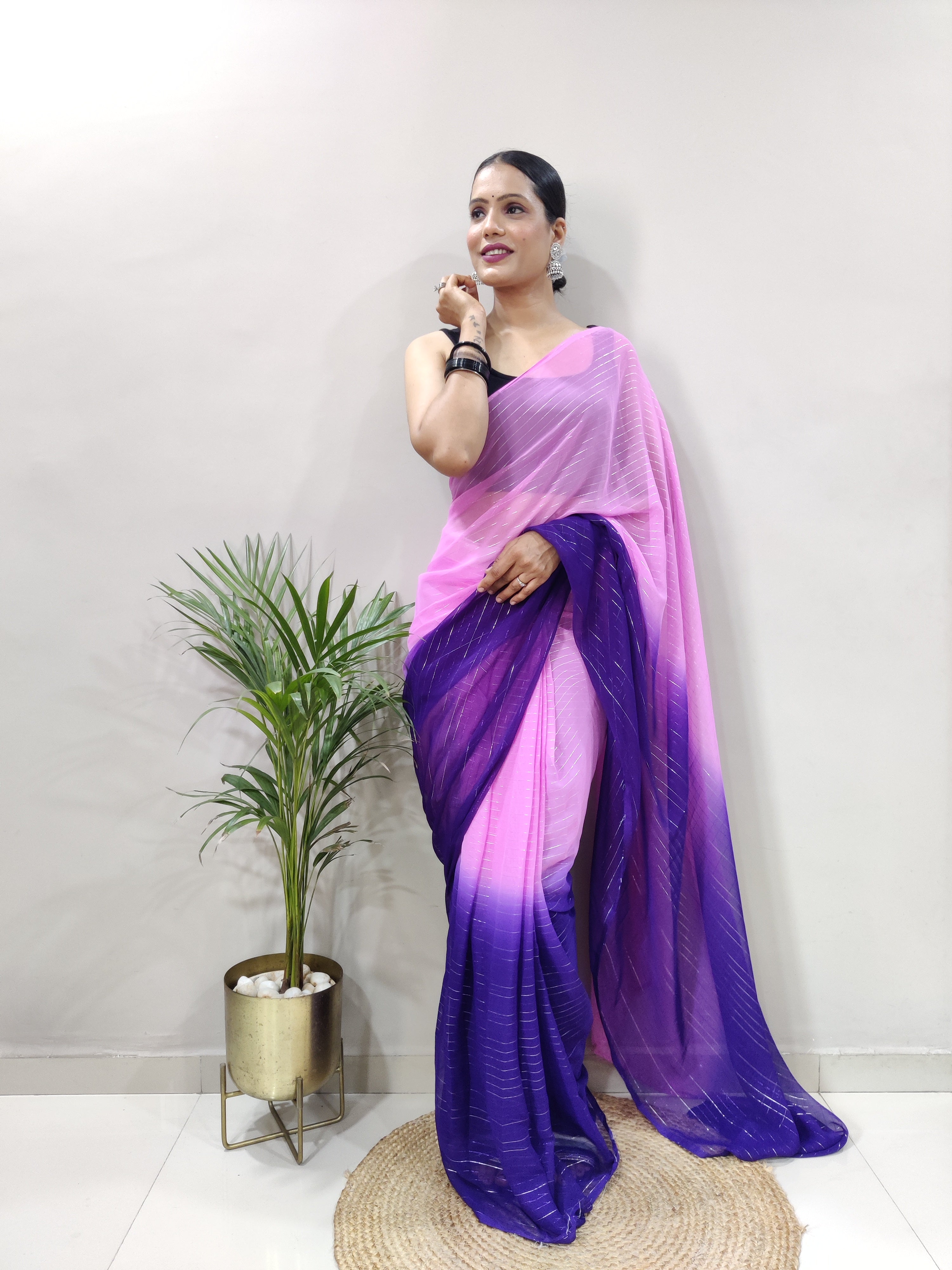 Fancy Pure Bloomy Purple Viscose Fabric with zari lining and fancy lace border Divashree