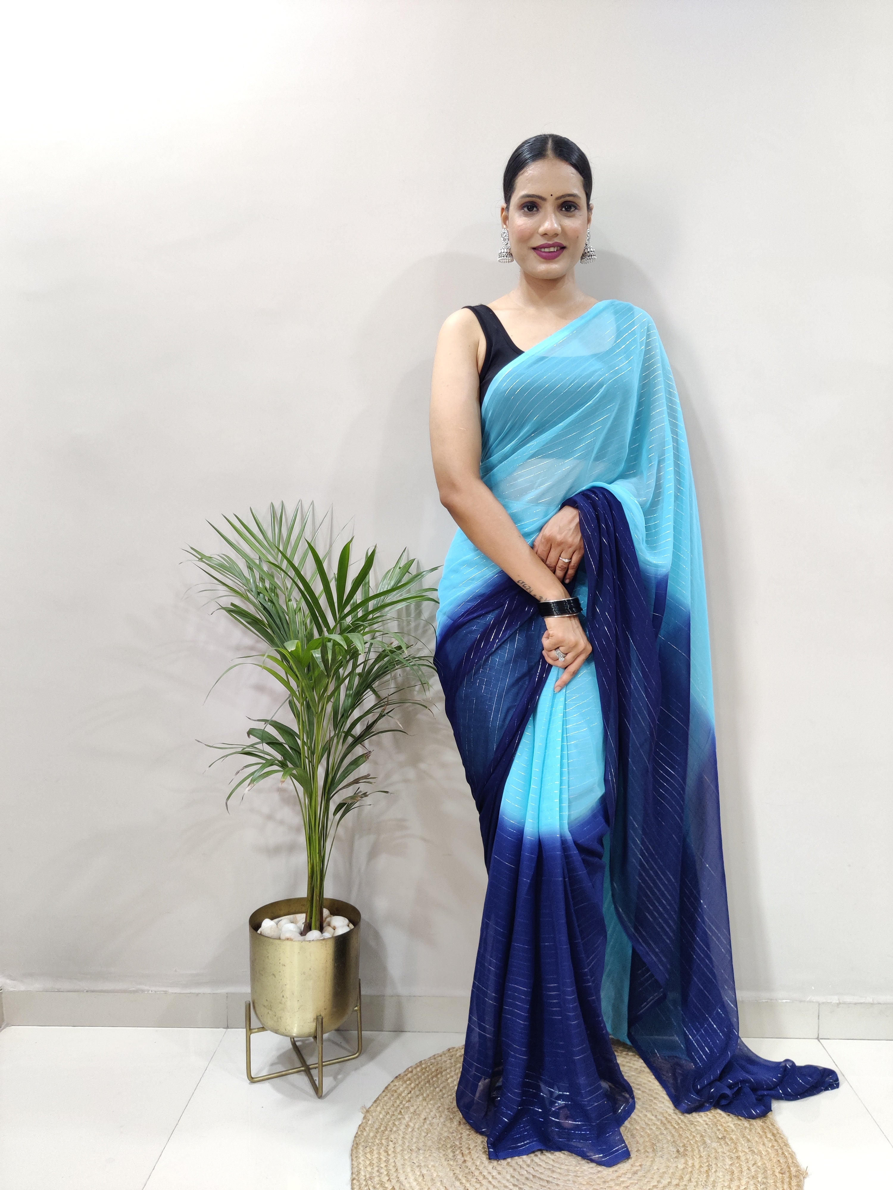 Fancy Pure Bloomy Blue Viscose Fabric with zari lining and fancy lace border Neeva Fashion