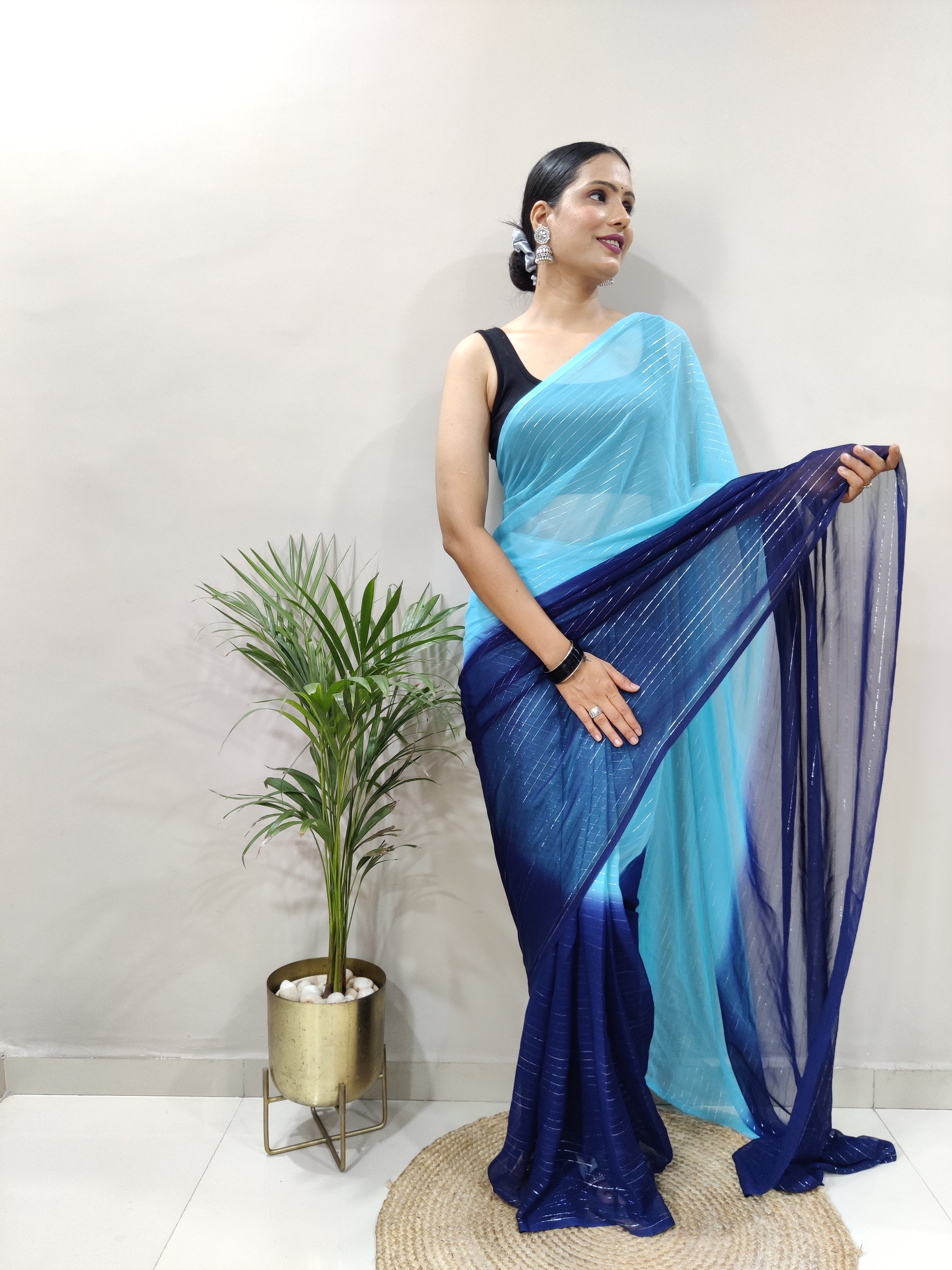 Fancy Pure Bloomy Blue Viscose Fabric with zari lining and fancy lace border Neeva Fashion