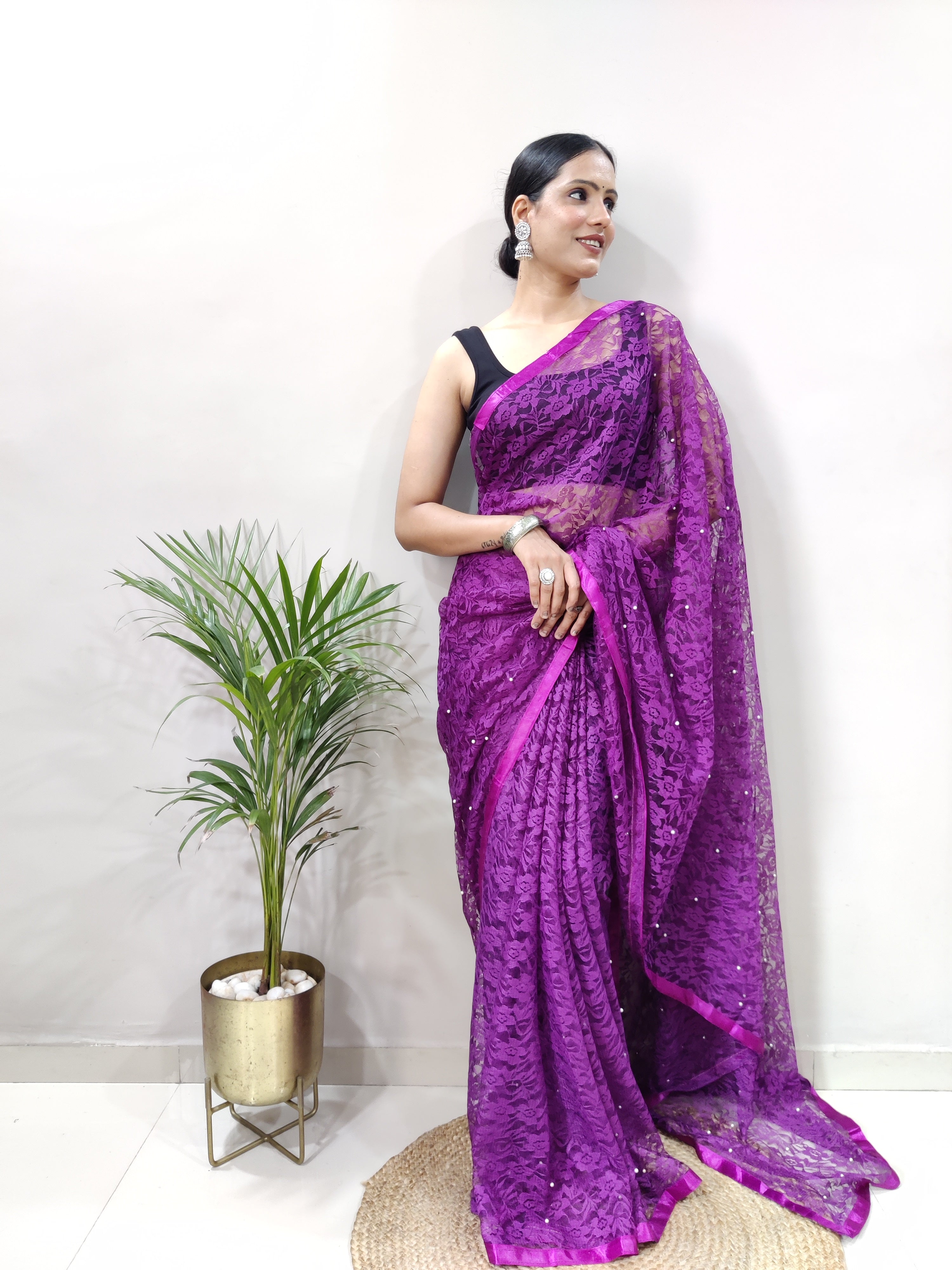 New Fancy Net Braso Dark Purple Saree With Unstiched Blouse