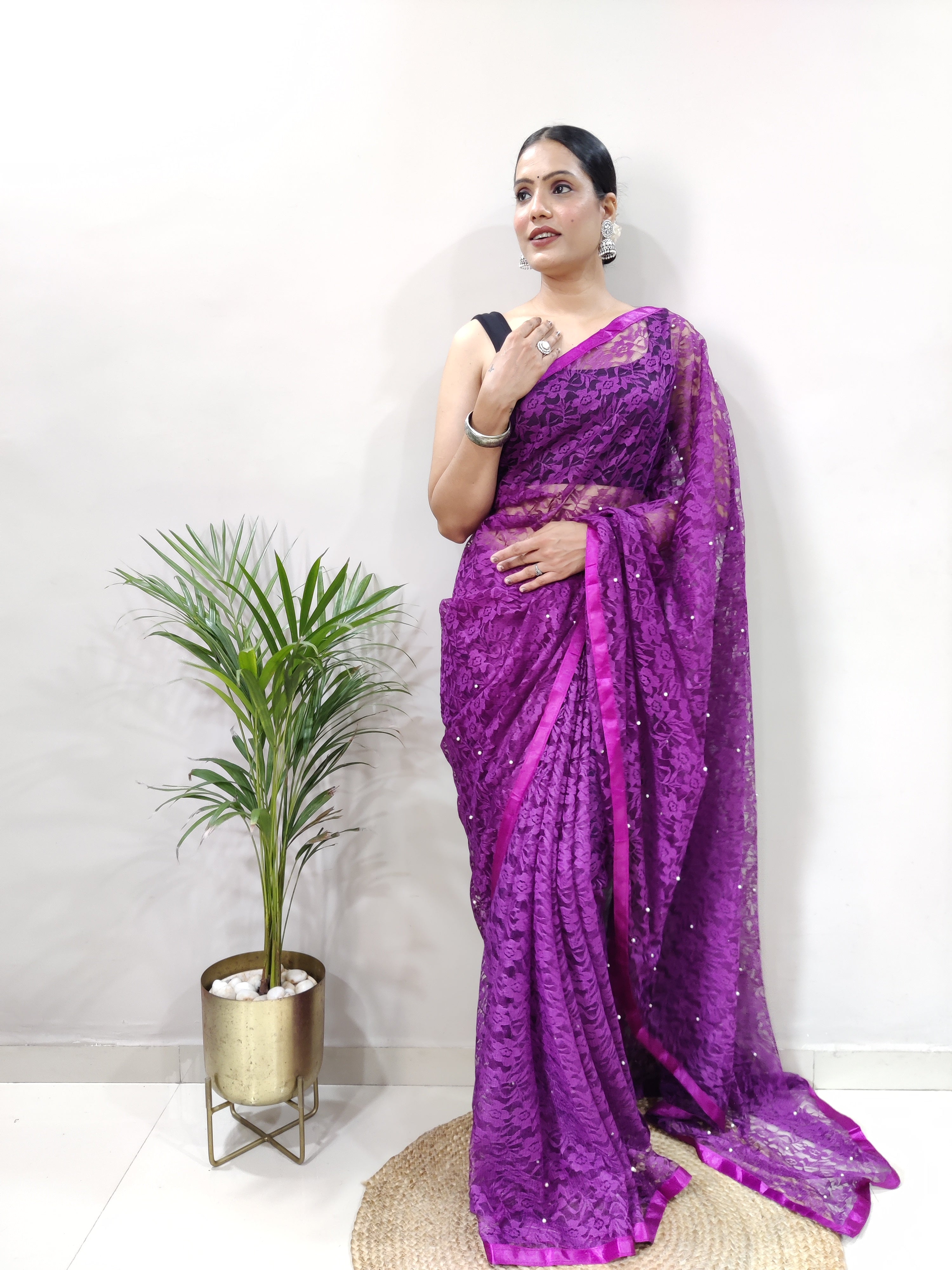 New Fancy Net Braso Dark Purple Saree With Unstiched Blouse