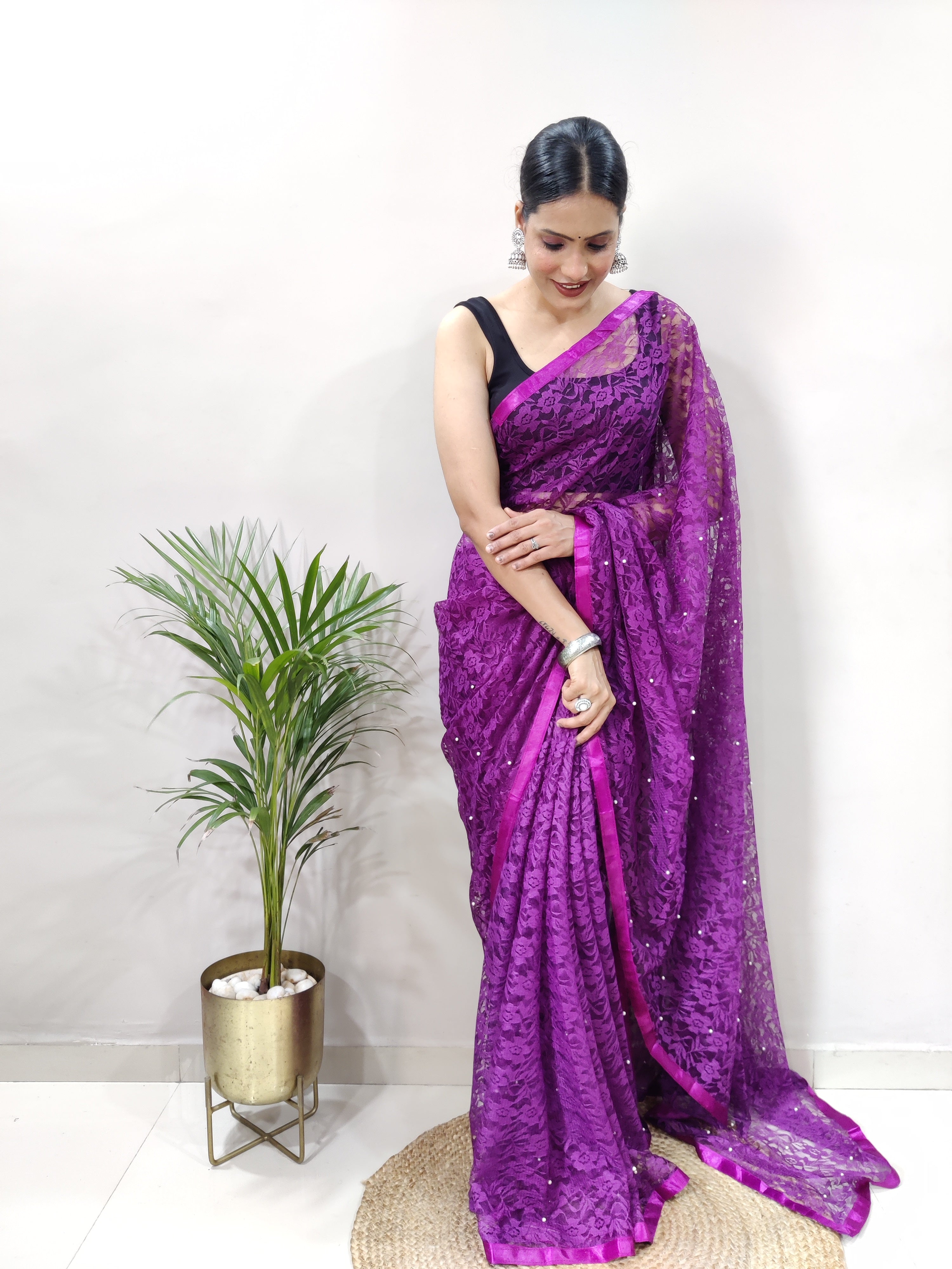 New Fancy Net Braso Dark Purple Saree With Unstiched Blouse