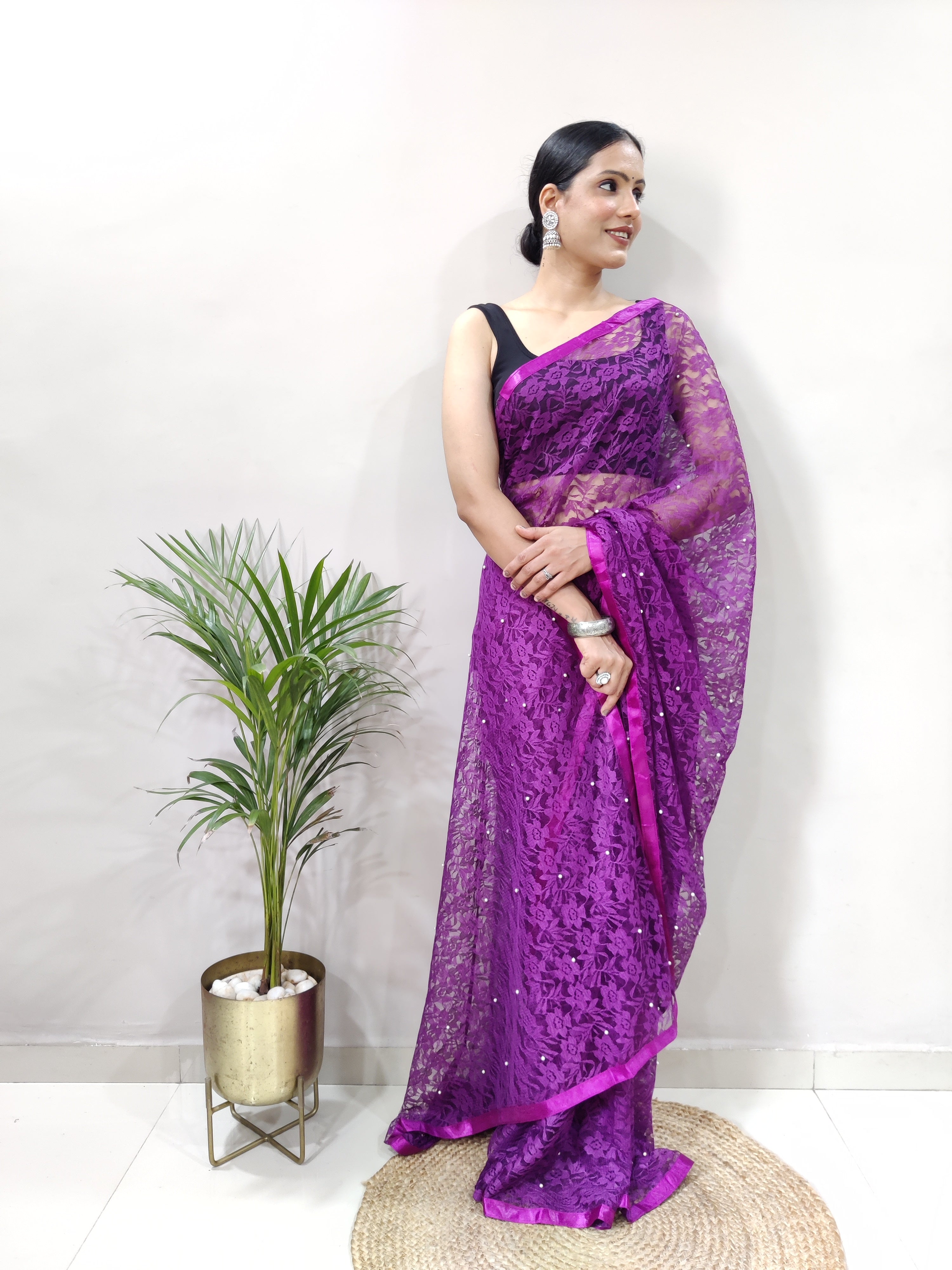 New Fancy Net Braso Dark Purple Saree With Unstiched Blouse