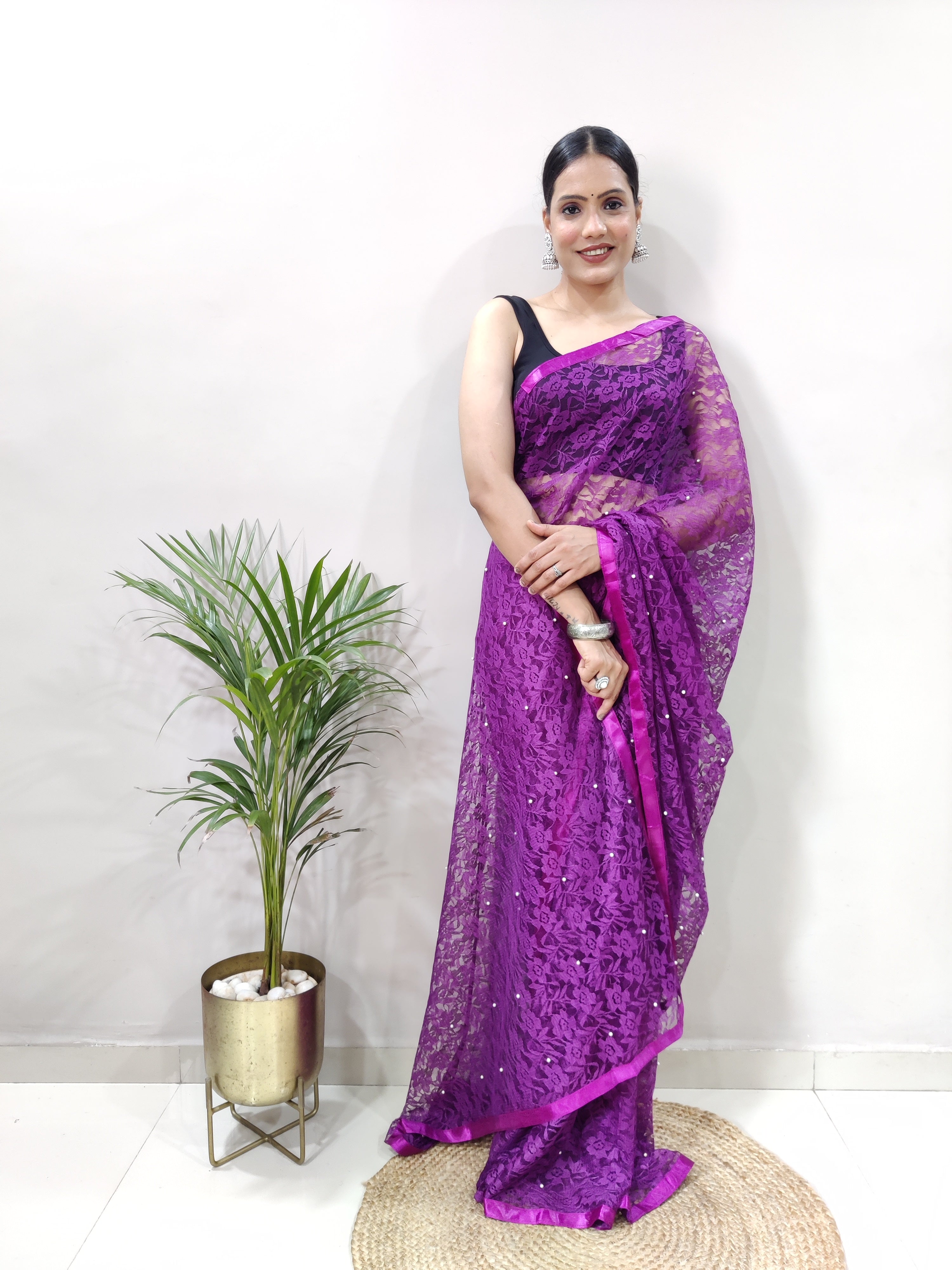 New Fancy Net Braso Dark Purple Saree With Unstiched Blouse