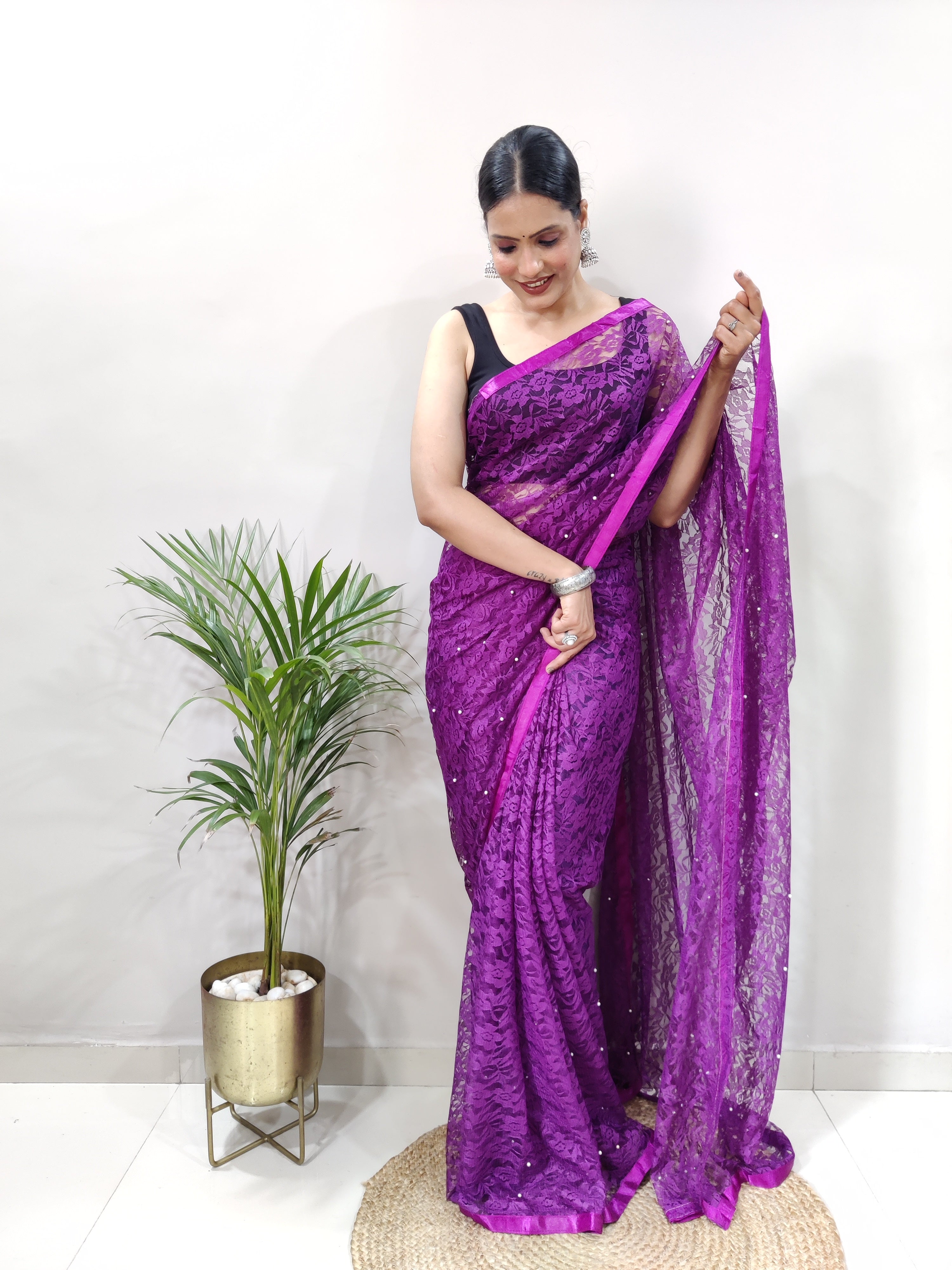 New Fancy Net Braso Dark Purple Saree With Unstiched Blouse