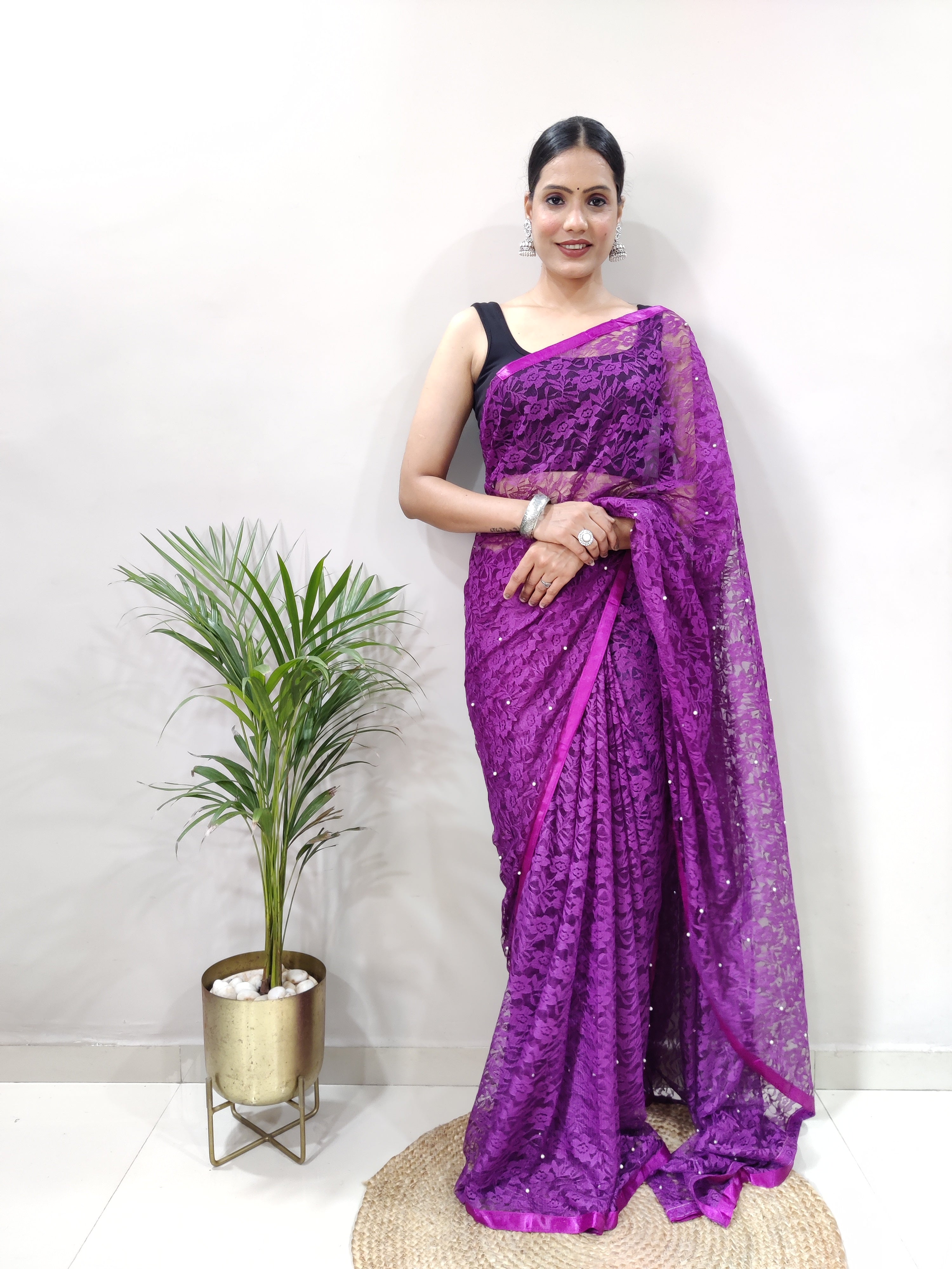 New Fancy Net Braso Dark Purple Saree With Unstiched Blouse