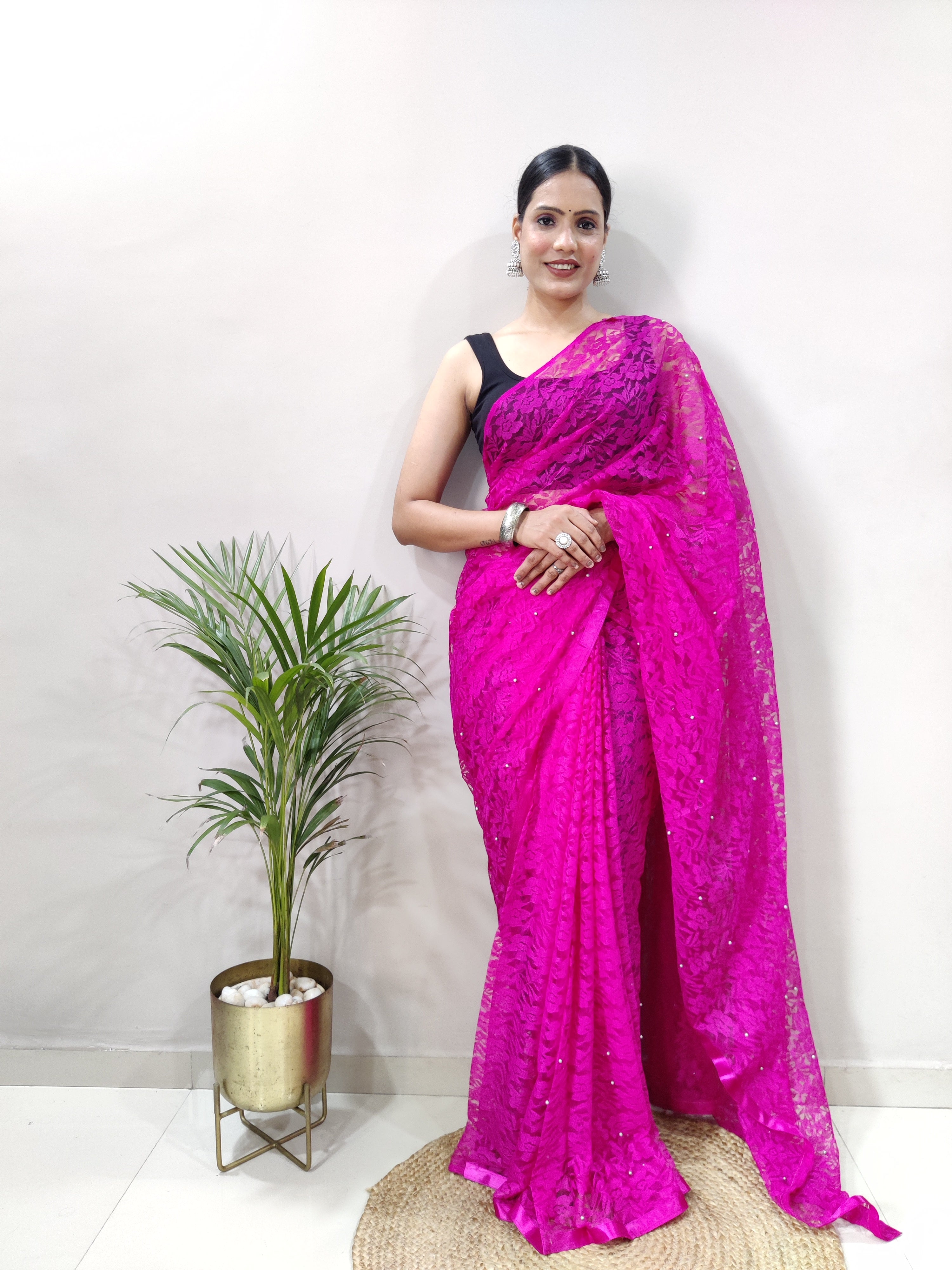 New Fancy Net Braso Dark Pink Saree With Unstiched Blouse